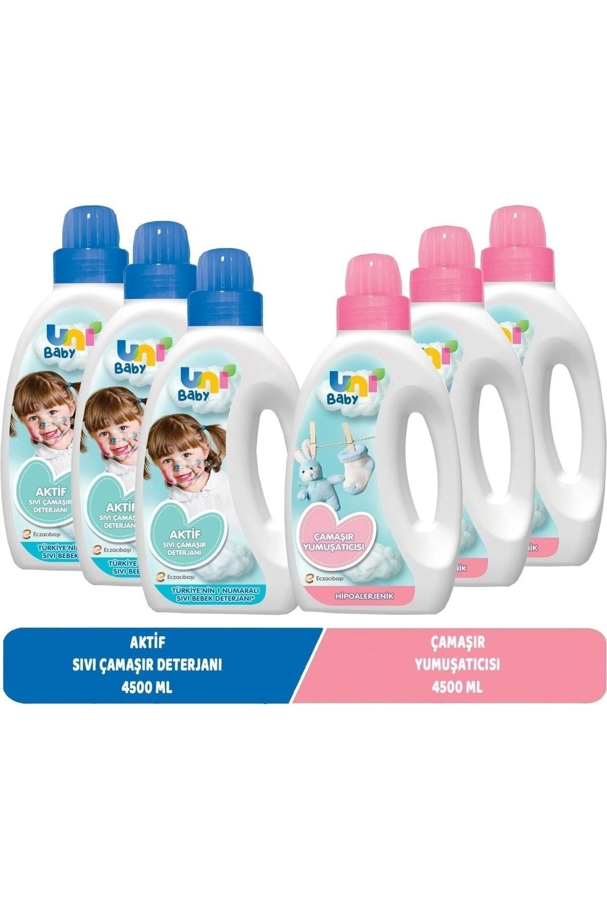 Uni Baby Sıvı Çamaşır Deterjanı 1500 ml Aktif + Yumuşatıcı 1500 ml Hassas Hipoalerjenik Karma 6 Lı Set