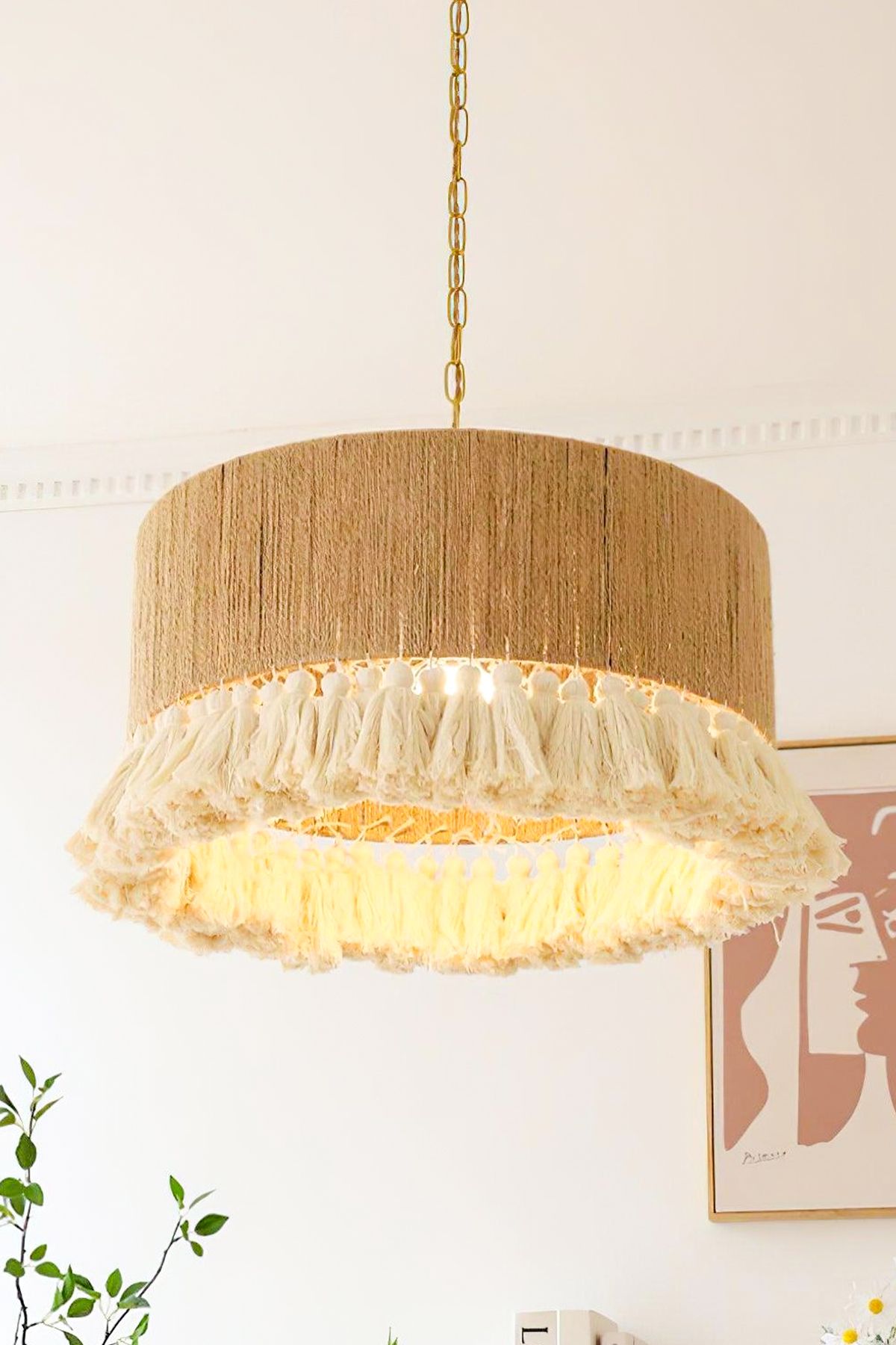 NAYSco-Bohemian Rustic Wicker and Macrame Long Chandelier 3