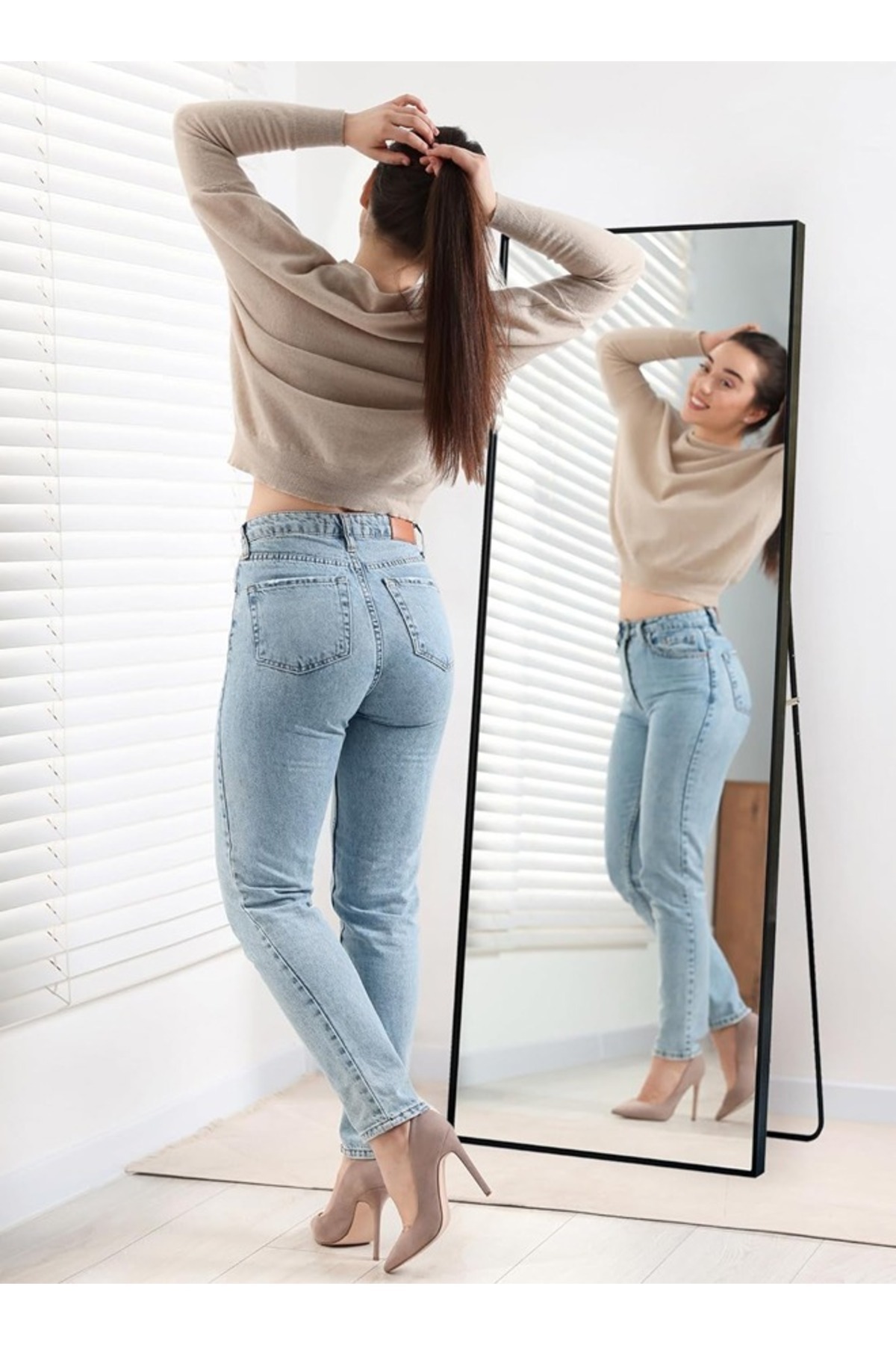Taimi-مرآة كبيرة بتصميم أنيق 160×50 سم - مرآة كاملة الطول بإطار معدني أسود وحامل خلفي 3