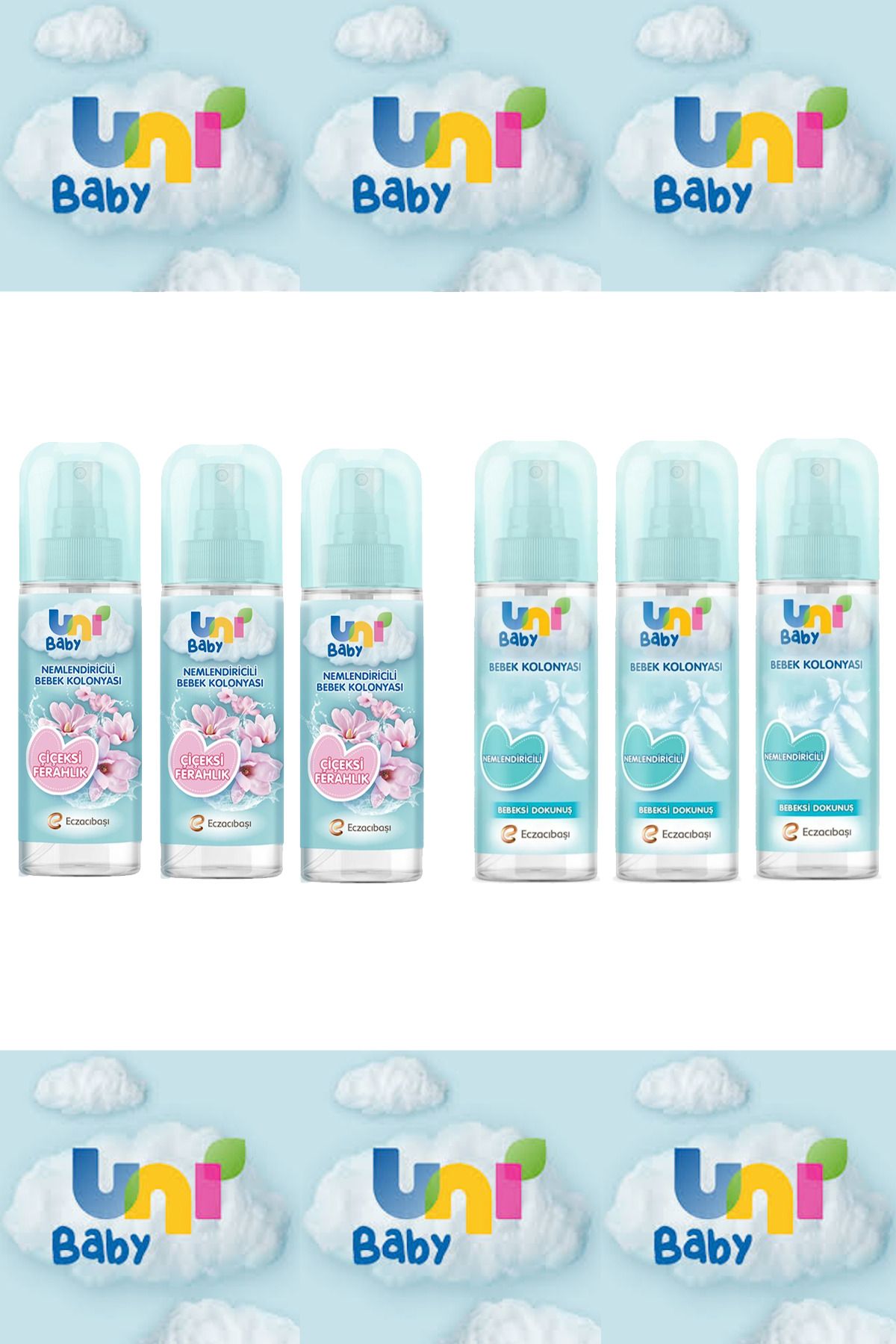 Uni Baby Bebek Kolonyası Bebeksi Dokunuş 150 ml x 3 Adet + Çiçeksi Ferahlık 150 ml x 3 Adet