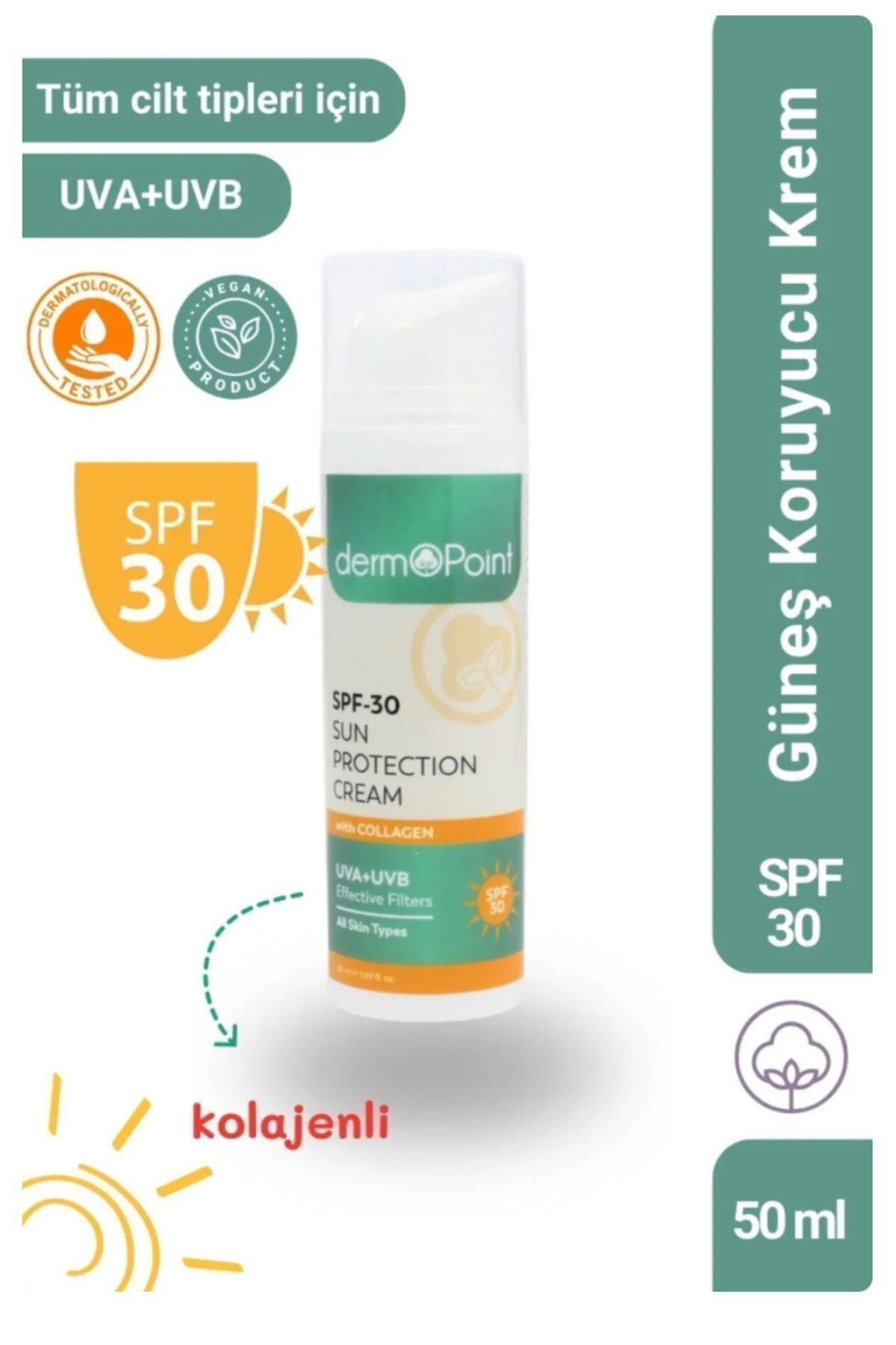 dermoPoint Spf30 Güneş Koruyucu Krem 50 ml - Kolajenli- Makyaj Altı Kullanım