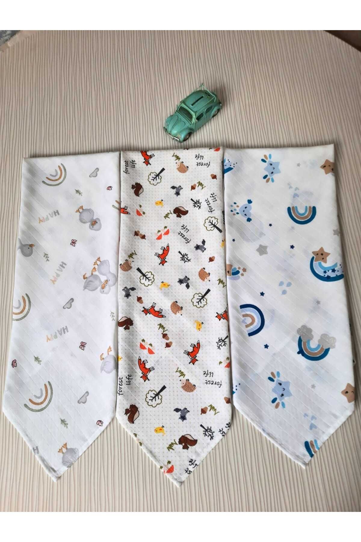 Baby Han 3' Lü Çok Amaçlı Müslin Bebek Örtü 80x90cm & Müslin Bebek Battaniyesi  Müslin Ağız Mendili Hediye