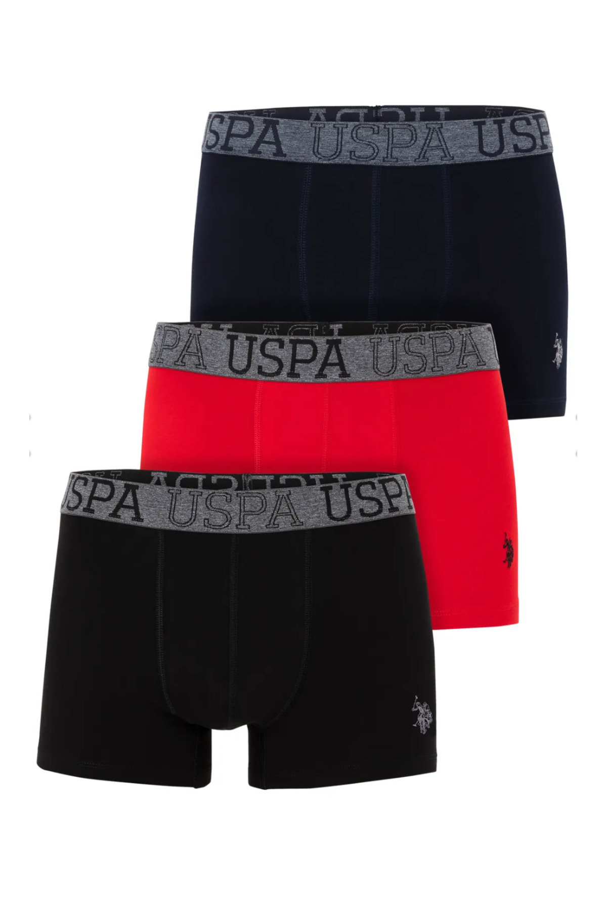 یو اس پولو شورت باکسر مردانه، دارای مجوز، انحصاری USPA، (قرمز-مشکی-سرمه‌ای) بسته ۳ عددی