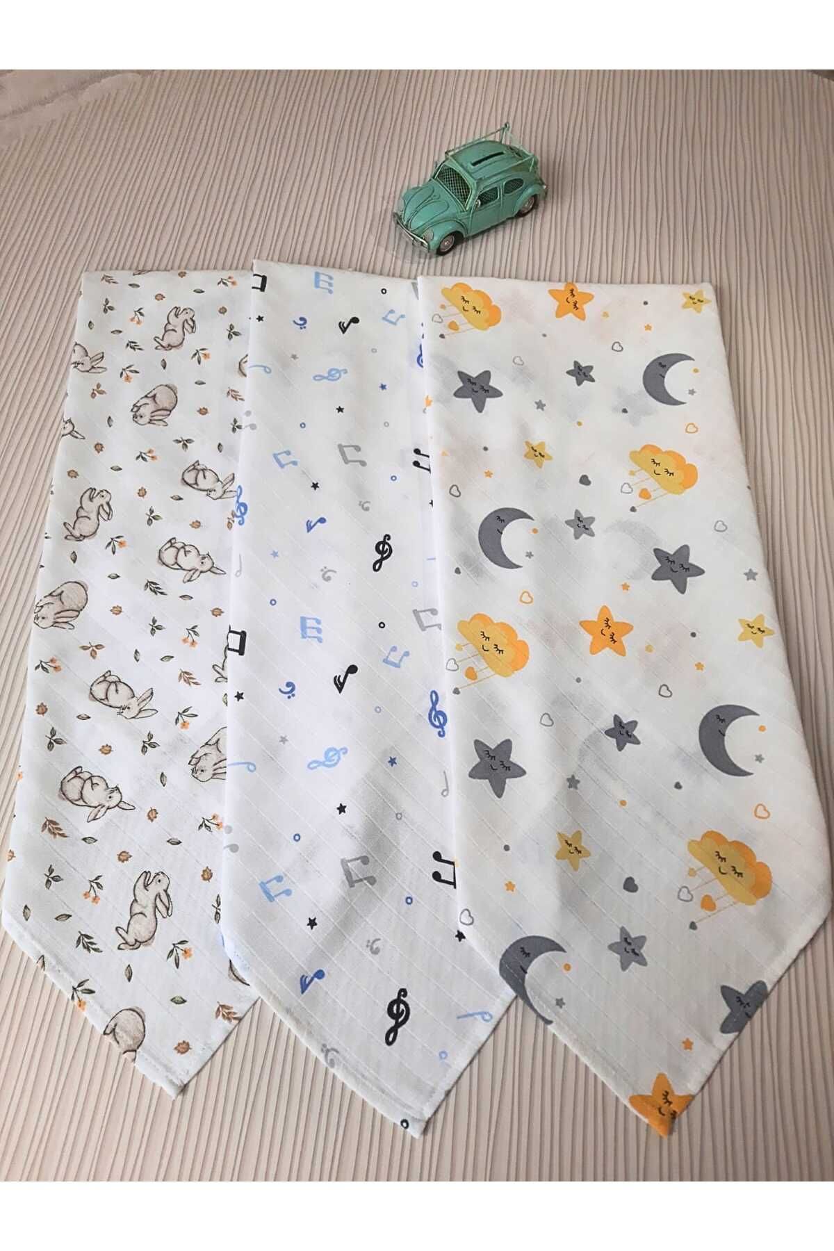 Baby Han 3'lü Set Çok Amaçlı Müslin Bebek Örtü 80x90cm & Müslin Bebek Battaniyesi Müslin Ağız Mendili Hediye