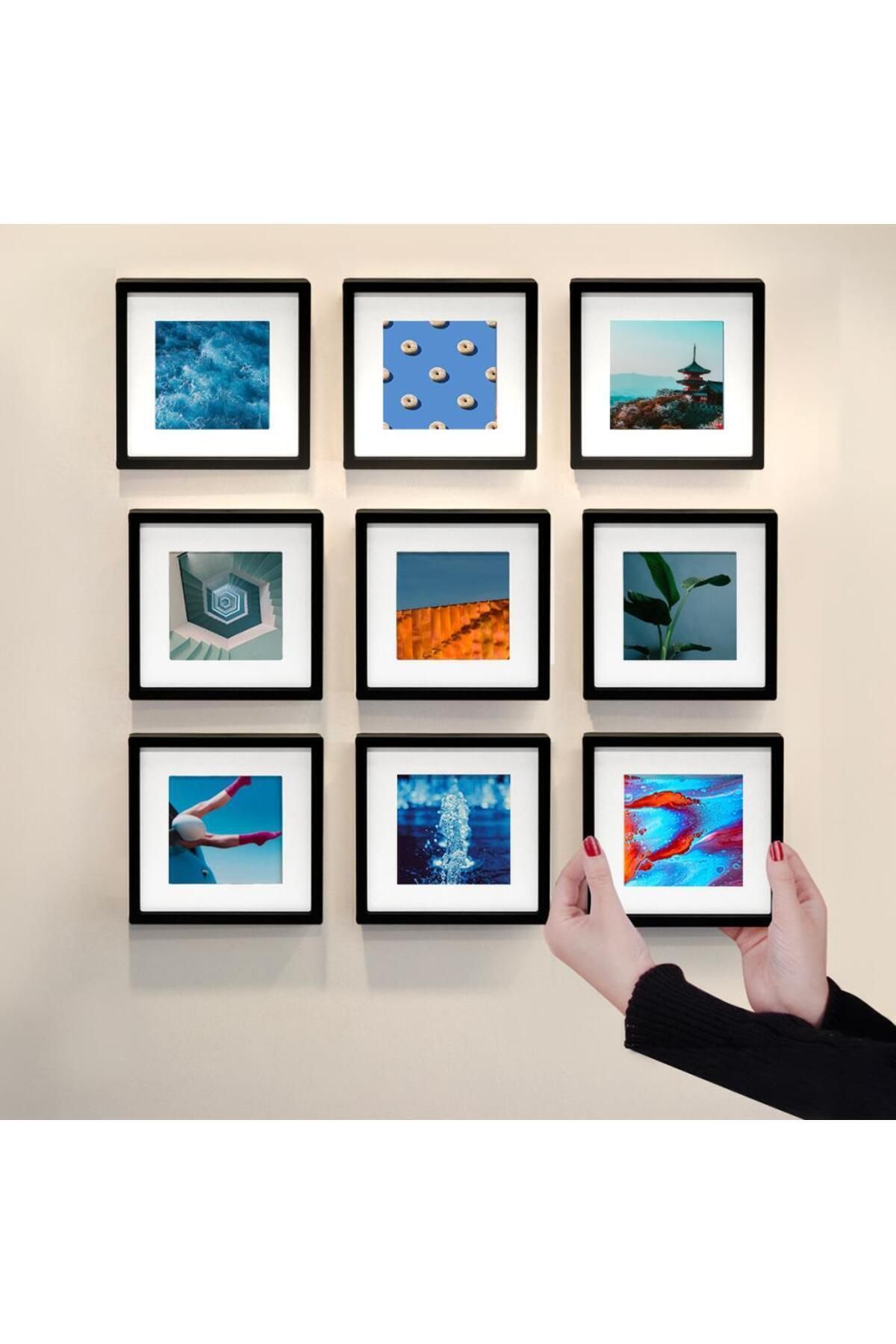 Elioure Yapışkanlı 14x14cm Siyah Kare Fotoğraf Çerçevesi, 9'lu Paket