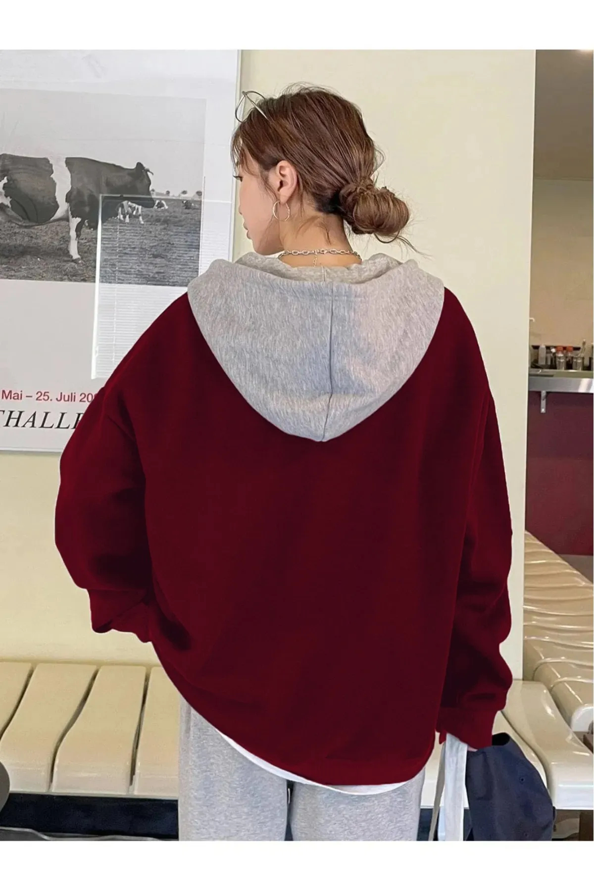 Çift Renk Büyük Beden Baskısız 3 iplik Oversize Ceket - Hırka — زرشکی TYCXP7S1HN173669548699632 — تصویر 2 از 3