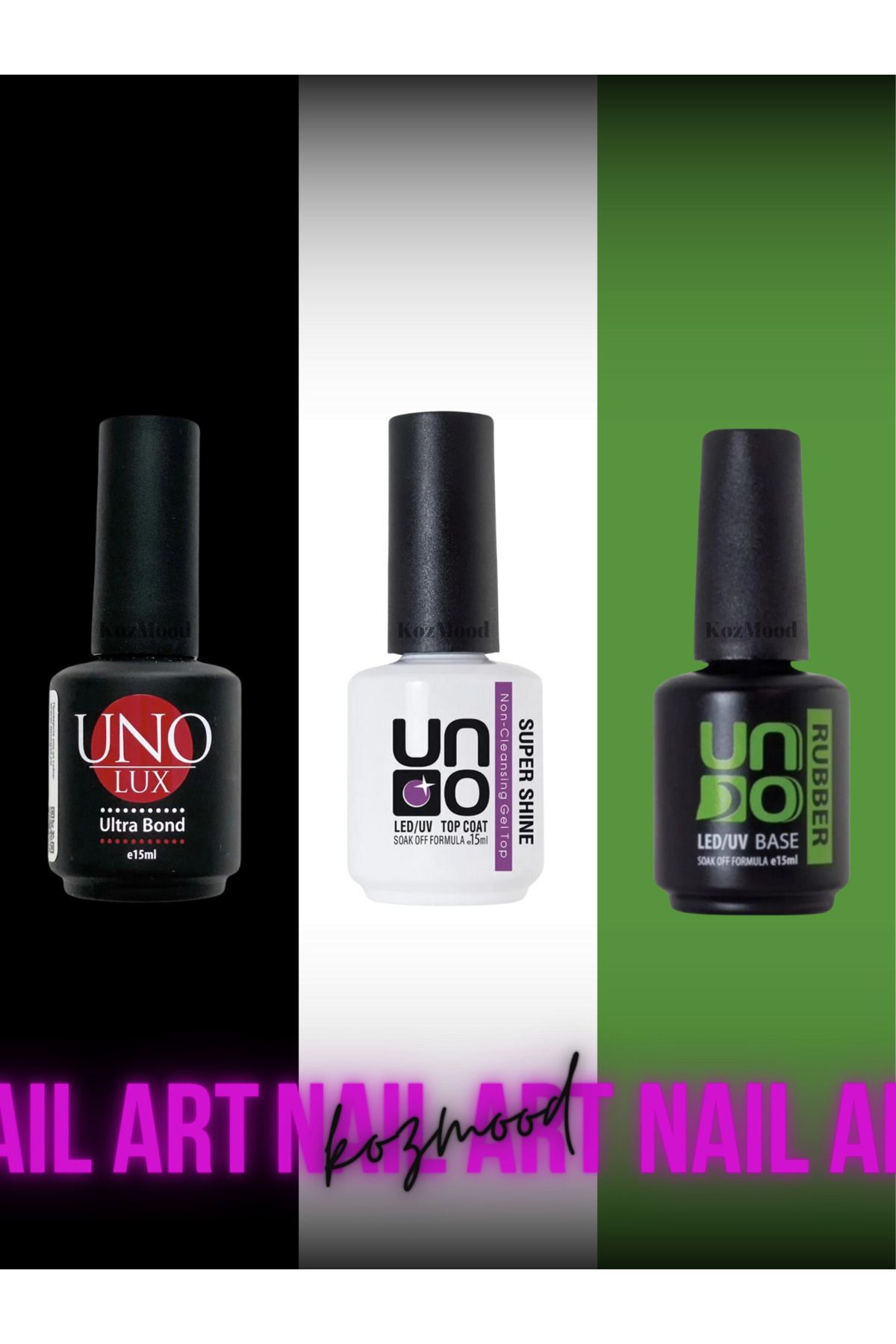 UNO GELPOLİSH Uno Kalıcı Oje Seti Primer - Rubber Base Coat - Super Shine Top Coat 3lü Set