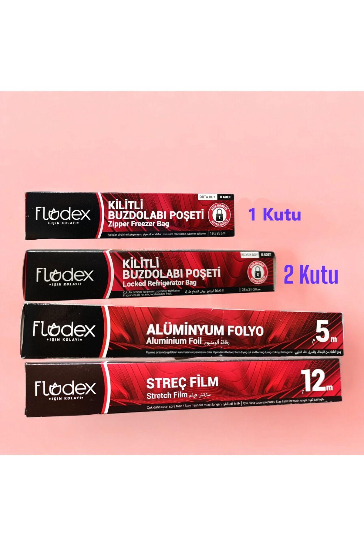 FLODEX Set: Alüminyum Folyo (5mt), Streç Film (12mt) Kilitli Buzdolabı Poşeti ( Büyük-orta Boy)