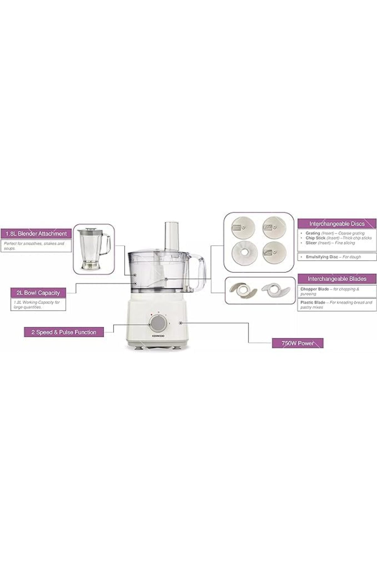 Kenwood-معالج طعام، 750 واط، 2 لتر، خلاط، خفاقة، صانعة عجين، FDP03.C2WH، أبيض 5