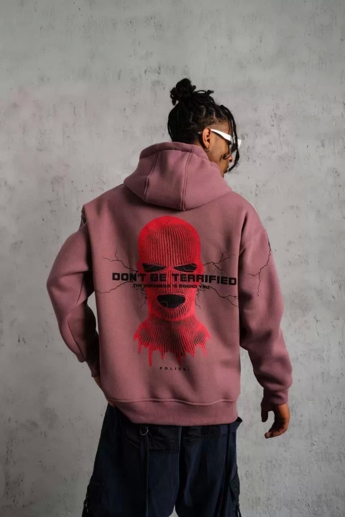 AE Stil Erkek Maske Baskılı Kapüşonlu Sweat - Gül Kurusu