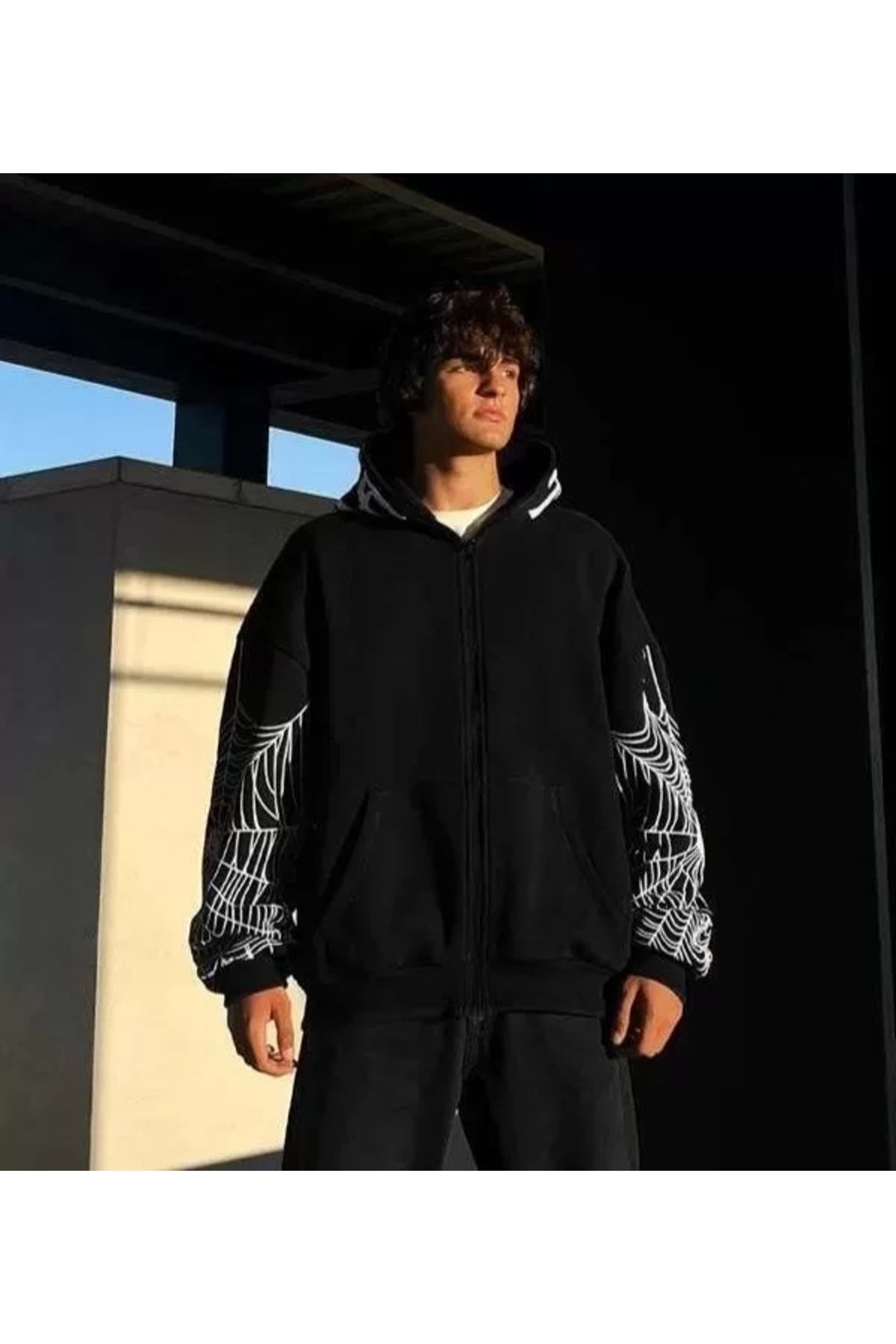 AE Stil Üç İplik Erkek Bape Spider Baskılı Oversize Hırka - Siyah