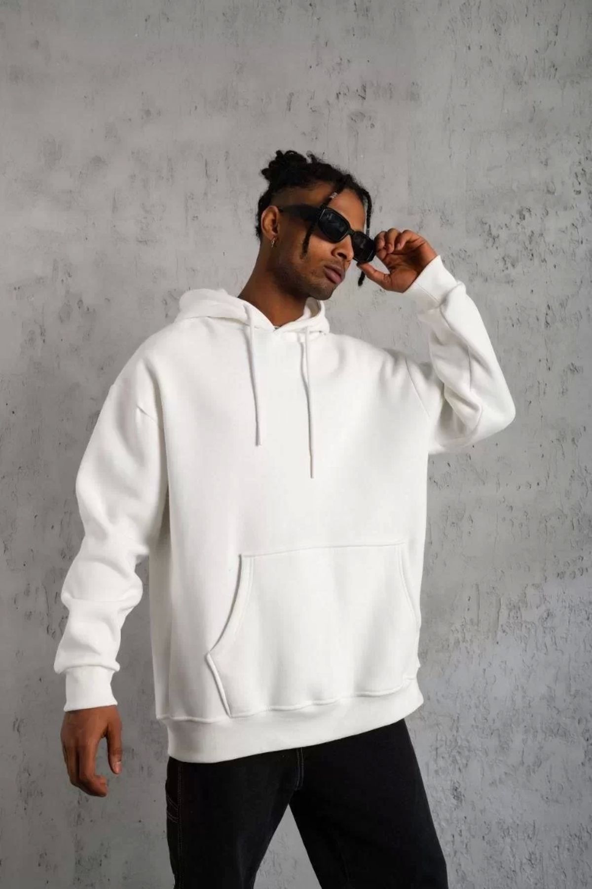 AE Stil Erkek Düz Kapüşonlu Sweat - Beyaz