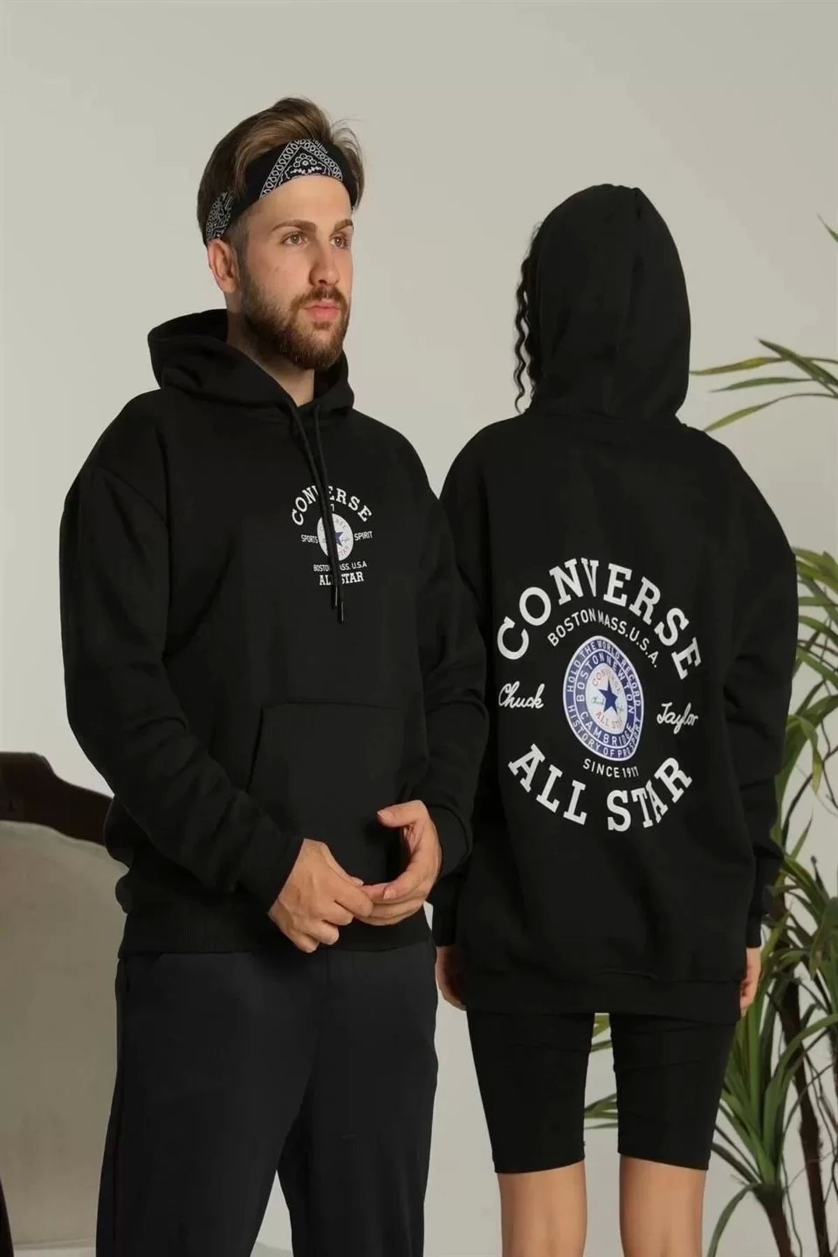 AE Stil Erkek Sırt Baskılı Oversize Üç İplik Kapüşonlu Hoodie Sweatshirt - Siyah