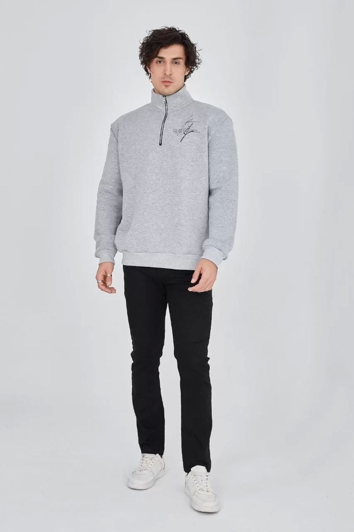 AE Stil Erkek Yarım Fermuarlı Baskılı Sweat - Gri