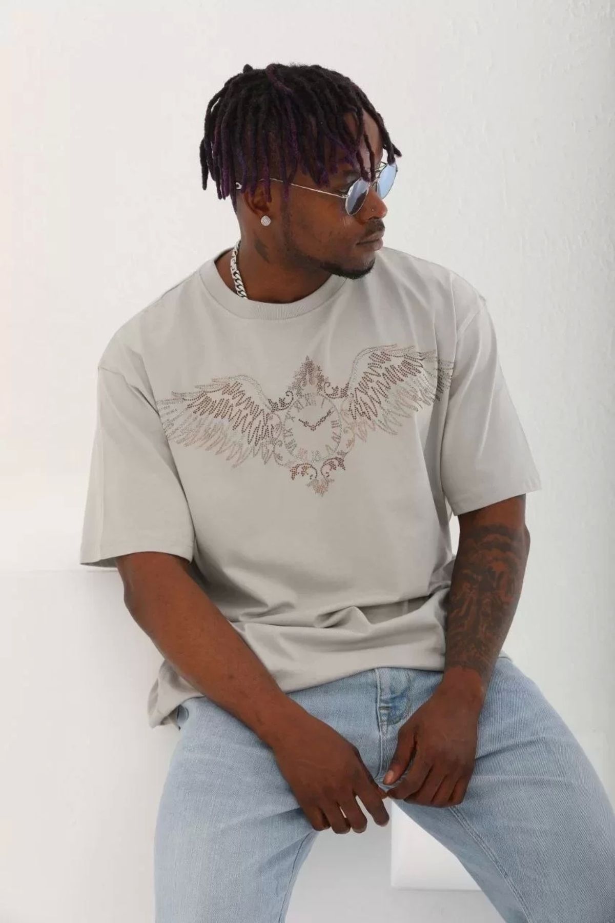 ModaSphere Kanatlı Saat Baskılı Unisex Oversize Tişört