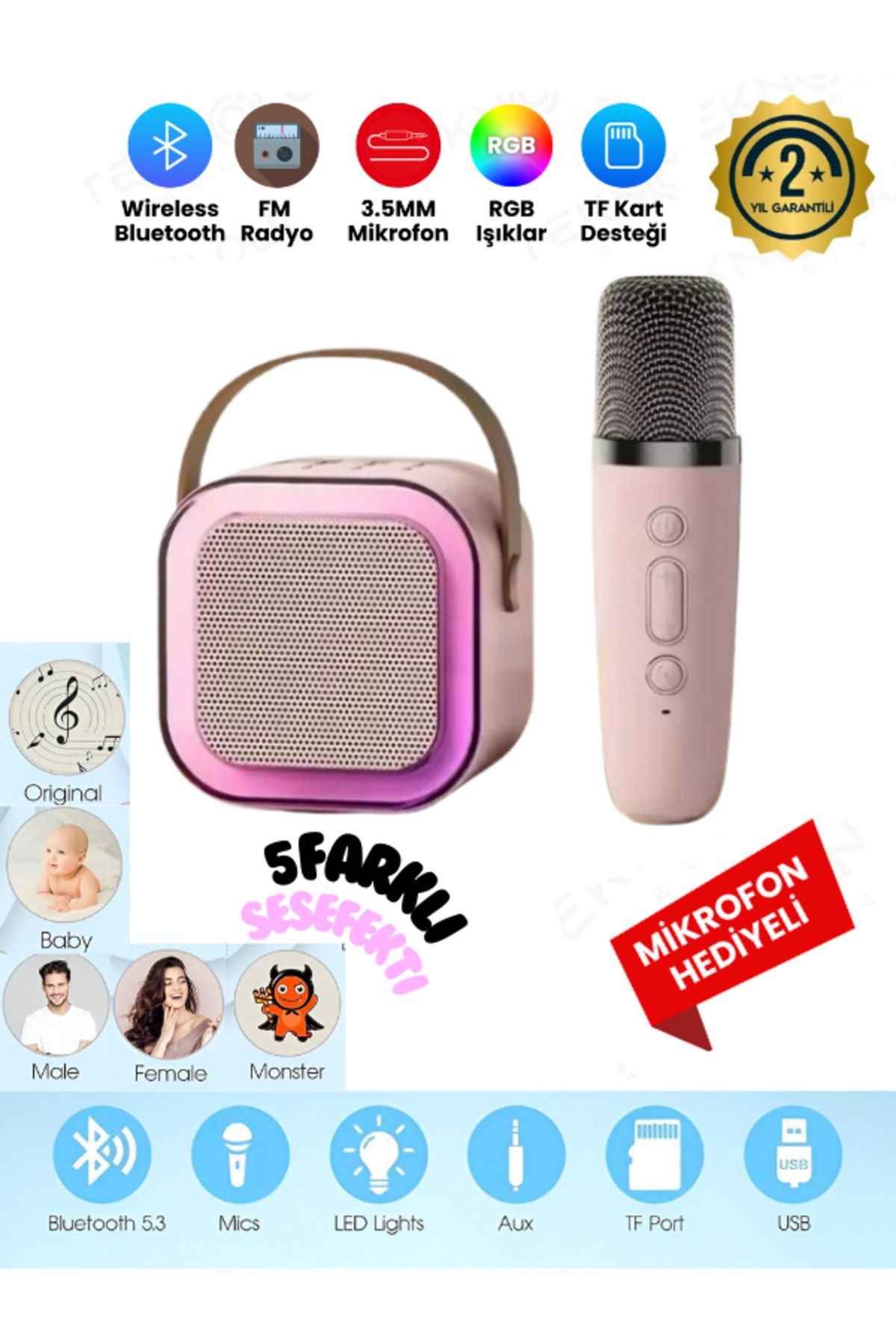 Kensa K12 Kablosuz Bluetooth Hoparlör Pembe Karaoke Mikrofon 5 Ses Efektli Rgb Hd Stereo Ses Usb/sd/fm