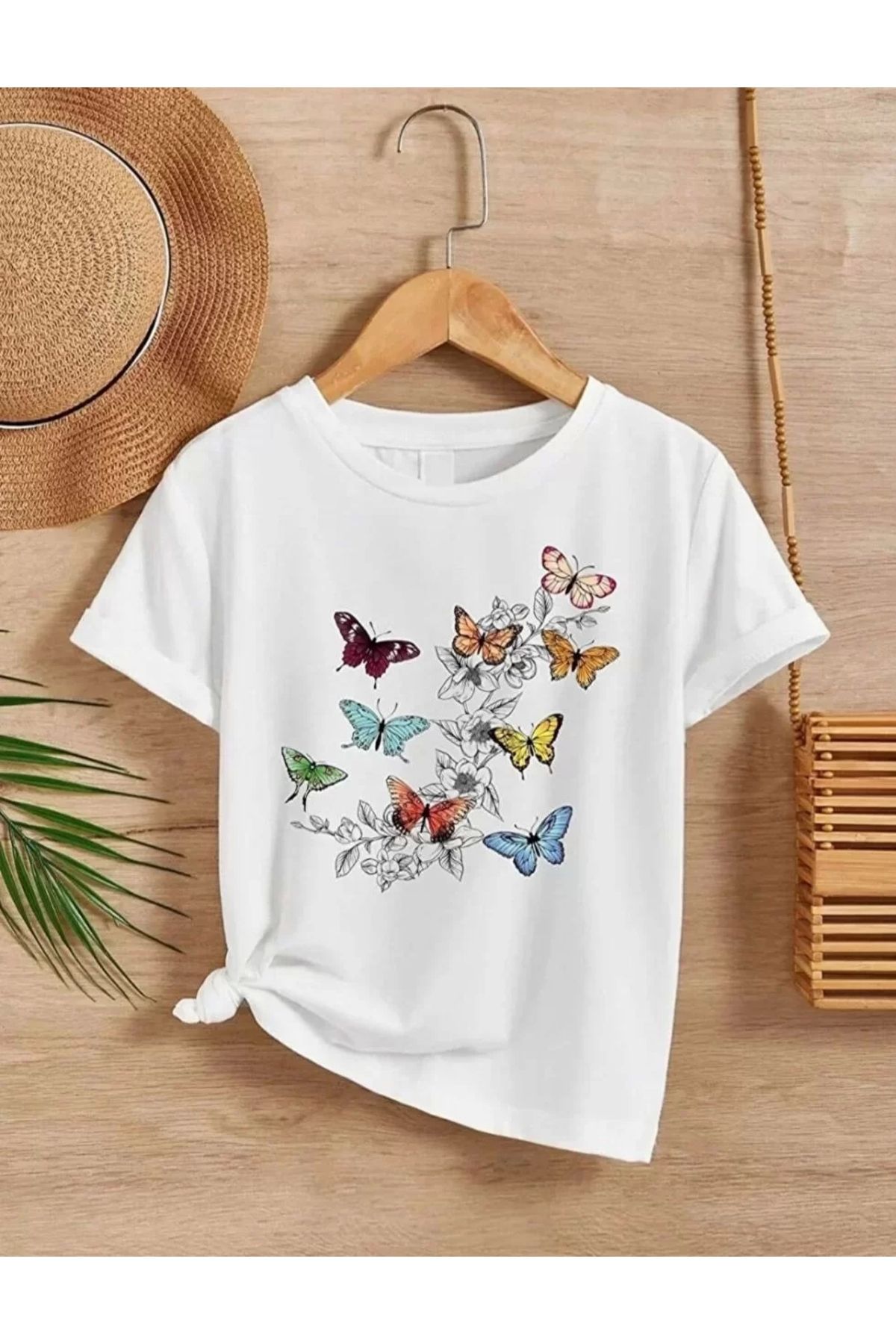 AE Stil Kız Çocuk Bisiklet Yaka Baskılı T-Shirt - Beyaz