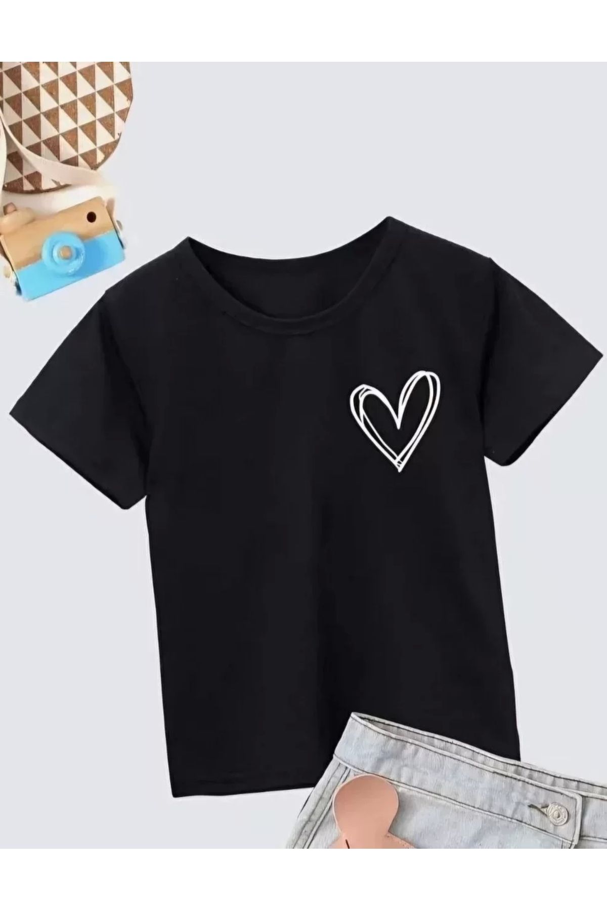 AE Stil Kız Çocuk Bisiklet Yaka Baskılı T-Shirt - Siyah