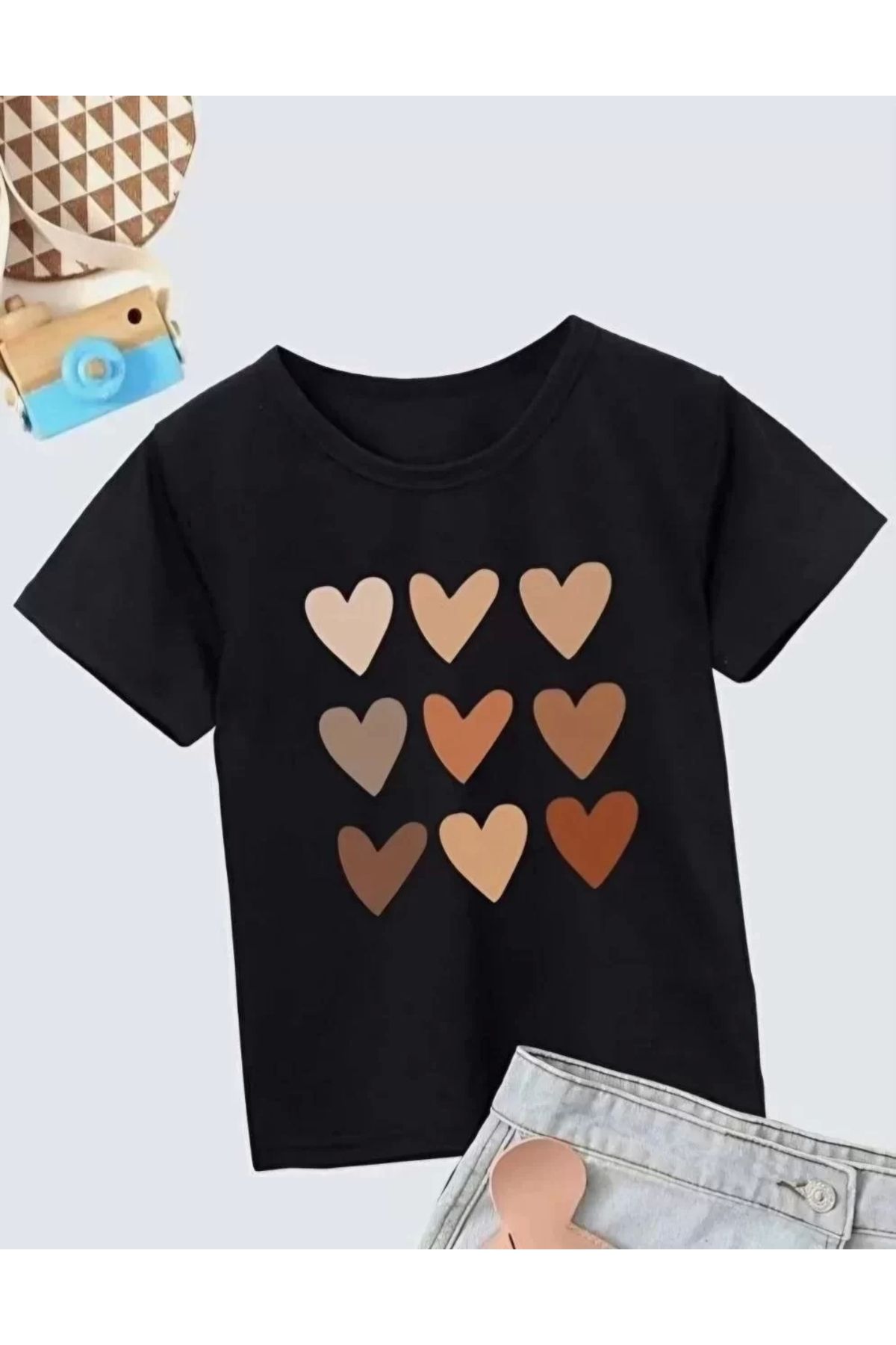 AE Stil Kız Çocuk Bisiklet Yaka Baskılı T-Shirt - Beyaz