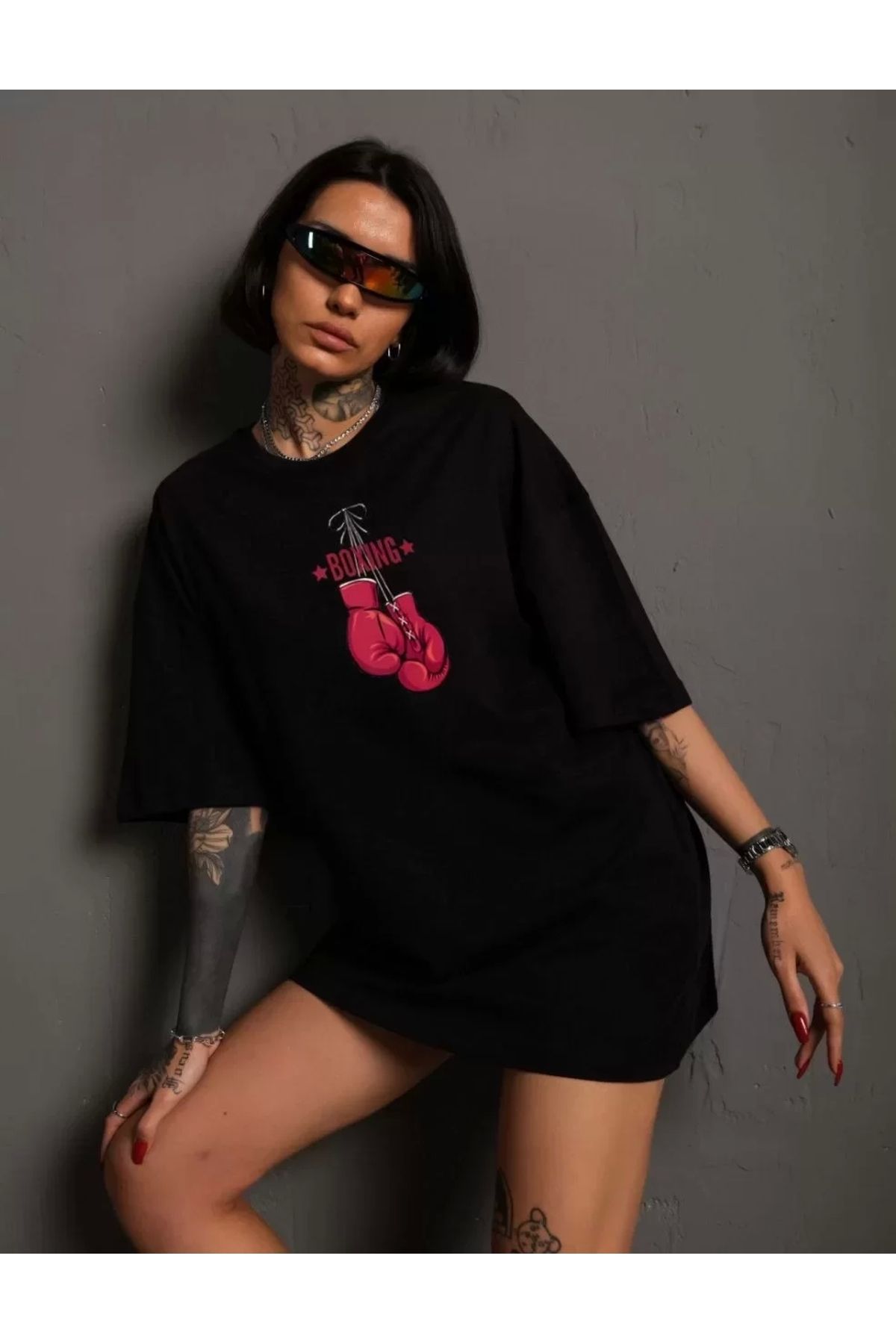 AE Stil Unisex Bisiklet Yaka Baskılı Oversize T-Shirt - Siyah