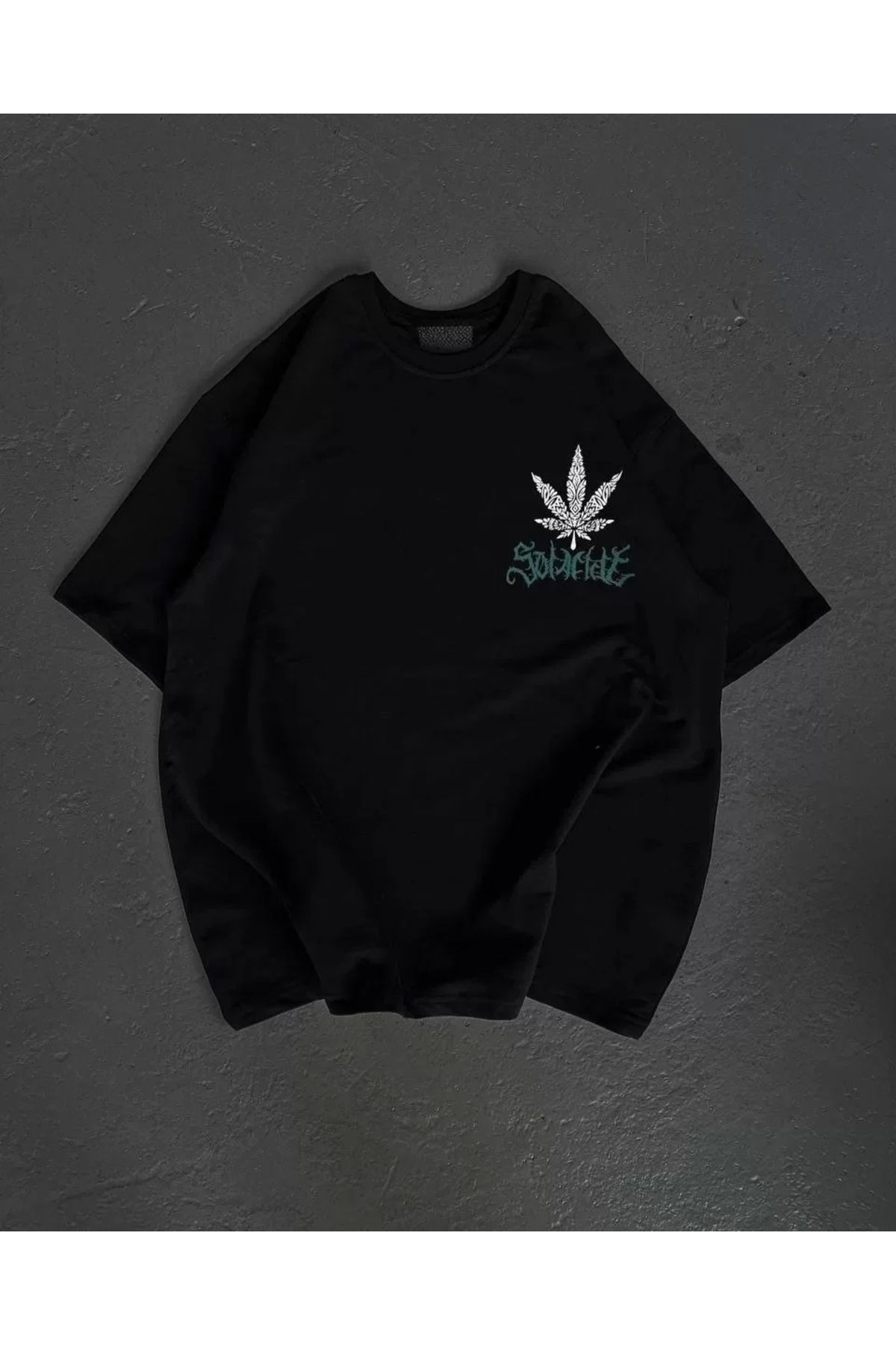 AE Stil Unisex Bisiklet Yaka Baskılı Oversize T-Shirt - Siyah