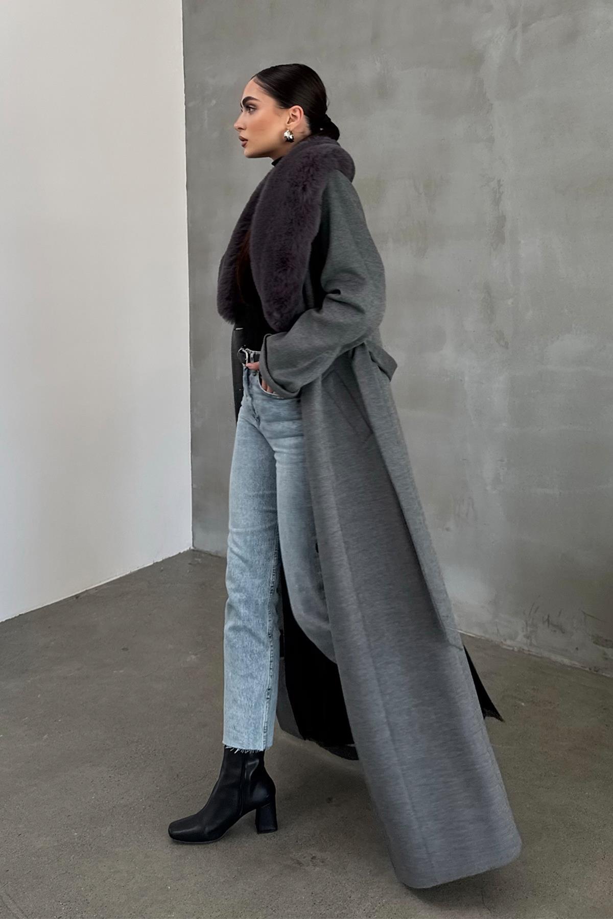 Olcay  Çıkabilen Kürklü Erkek Yaka Belden Kuşaklı Manto KOYU GRİ 3015-Y - Görsel 7