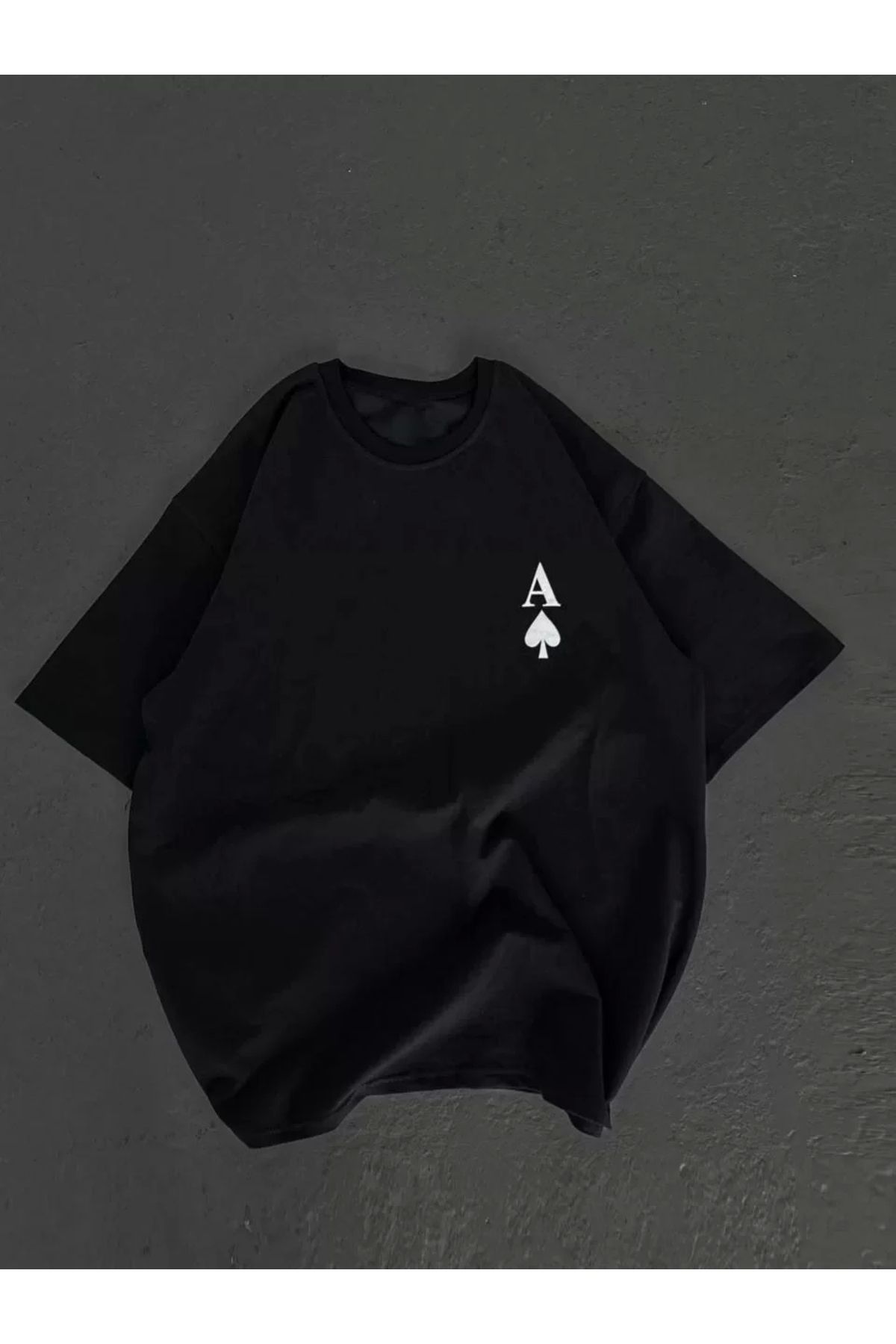 AE Stil Unisex Bisiklet Yaka Baskılı Oversize T-Shirt - Siyah
