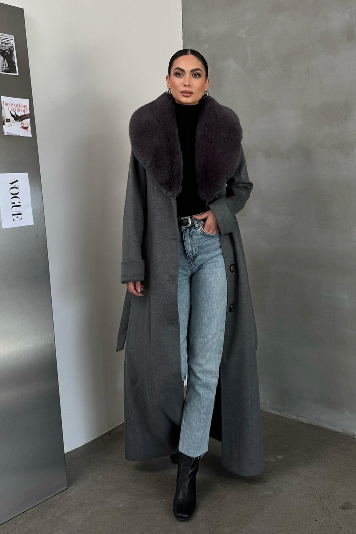 Olcay  Çıkabilen Kürklü Erkek Yaka Belden Kuşaklı Manto KOYU GRİ 3015-Y - Görsel 6