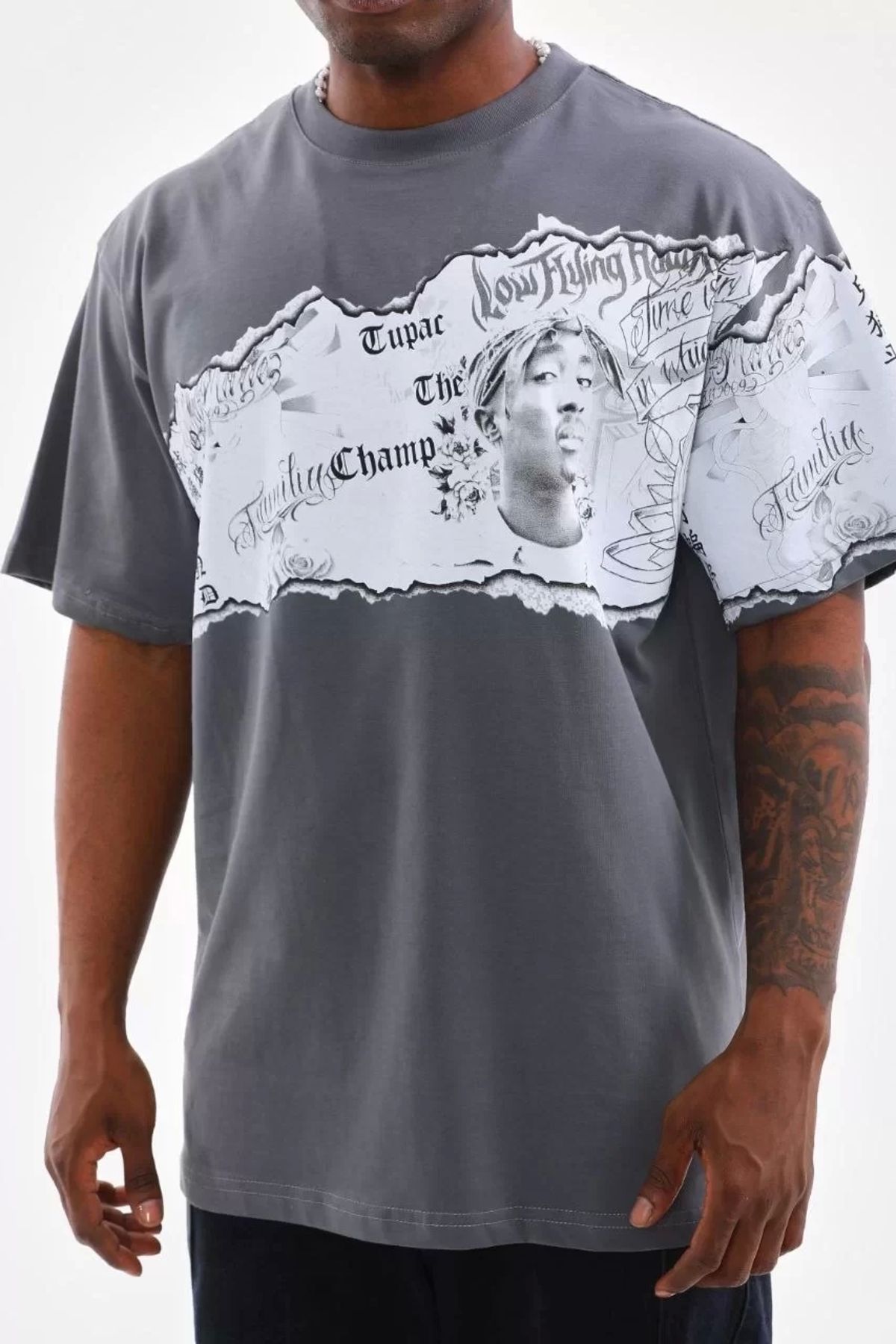 AE Stil Unisex Bisiklet Yaka Baskılı Oversize T-Shirt - Gri