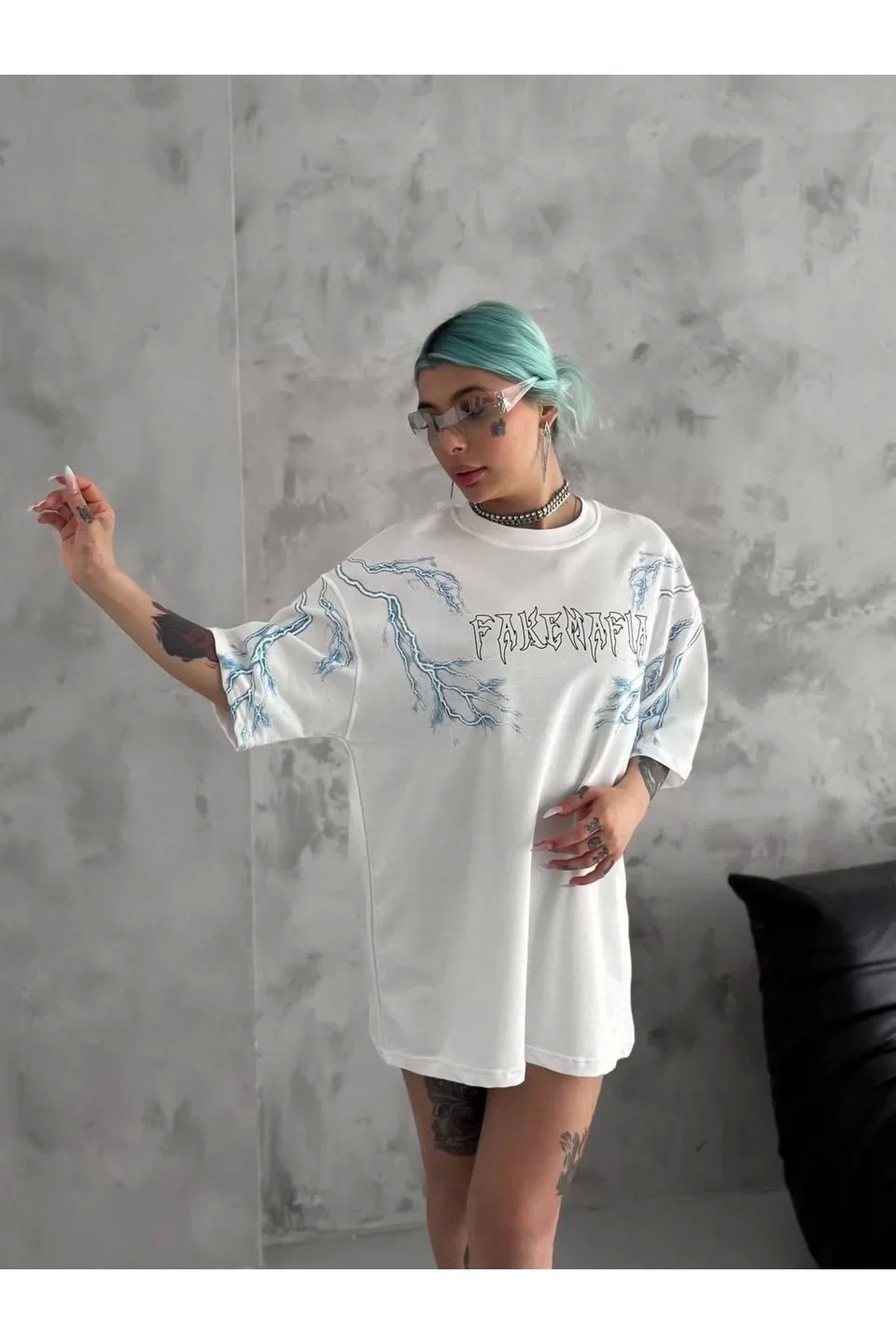 AE Stil Unisex Bisiklet Yaka Baskılı Oversize T-Shirt - Beyaz