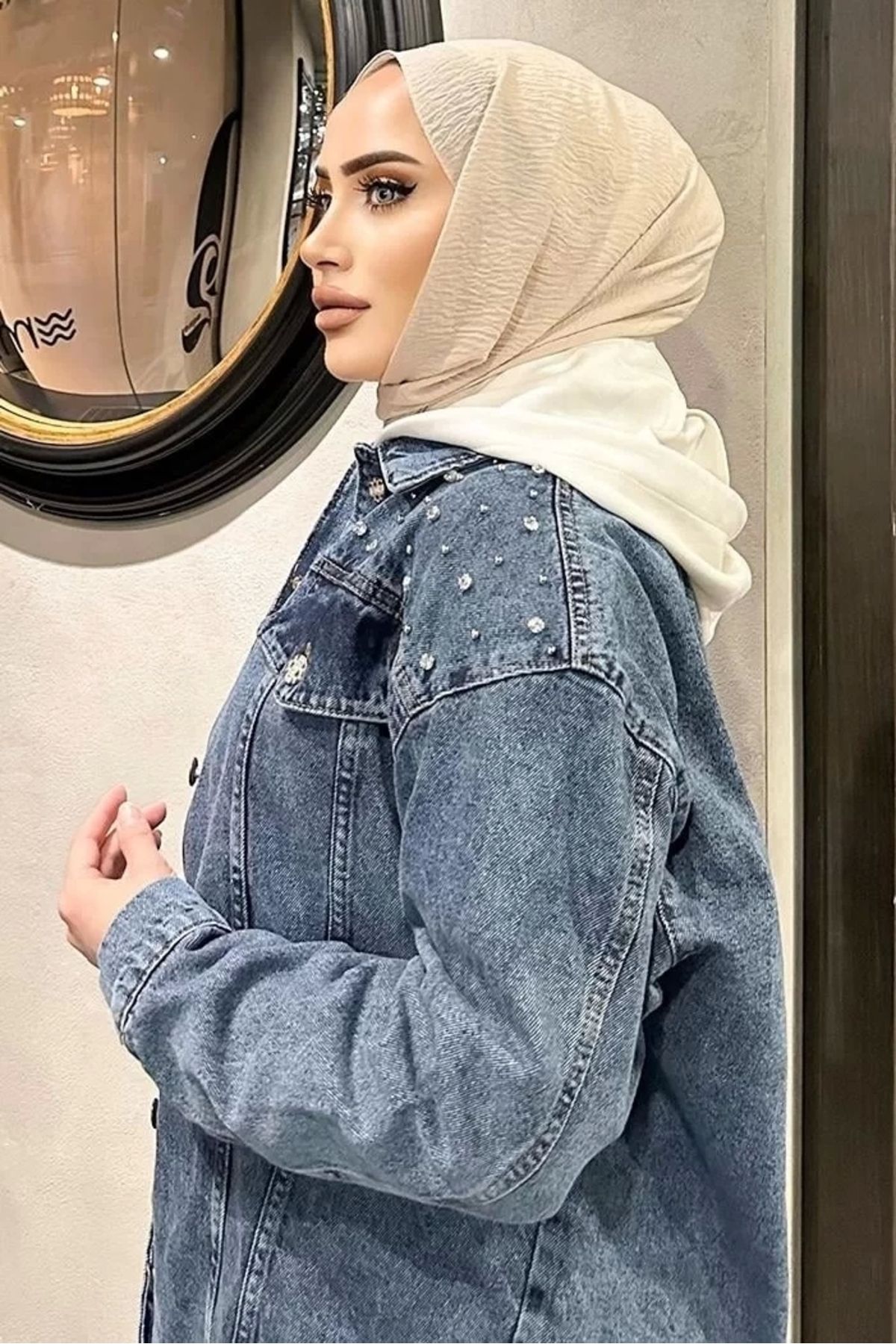 AE Stil Omuz Taş Detay Koyu Mavi Kot Ceket Oversize ( GC )