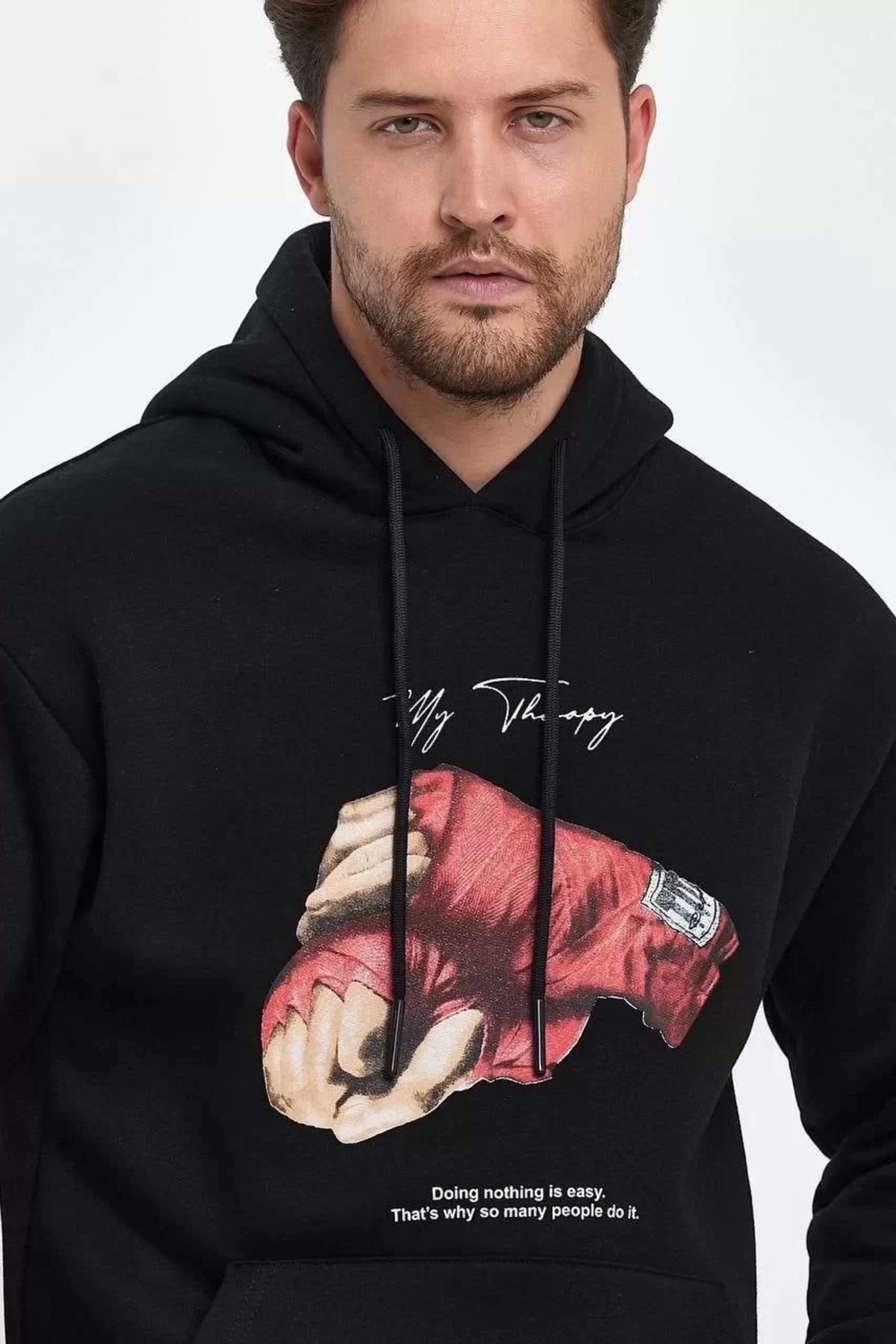 AE Stil Unisex Kapüşonlu Üç İplik Oversize Baskılı Sweatshirt - Siyah
