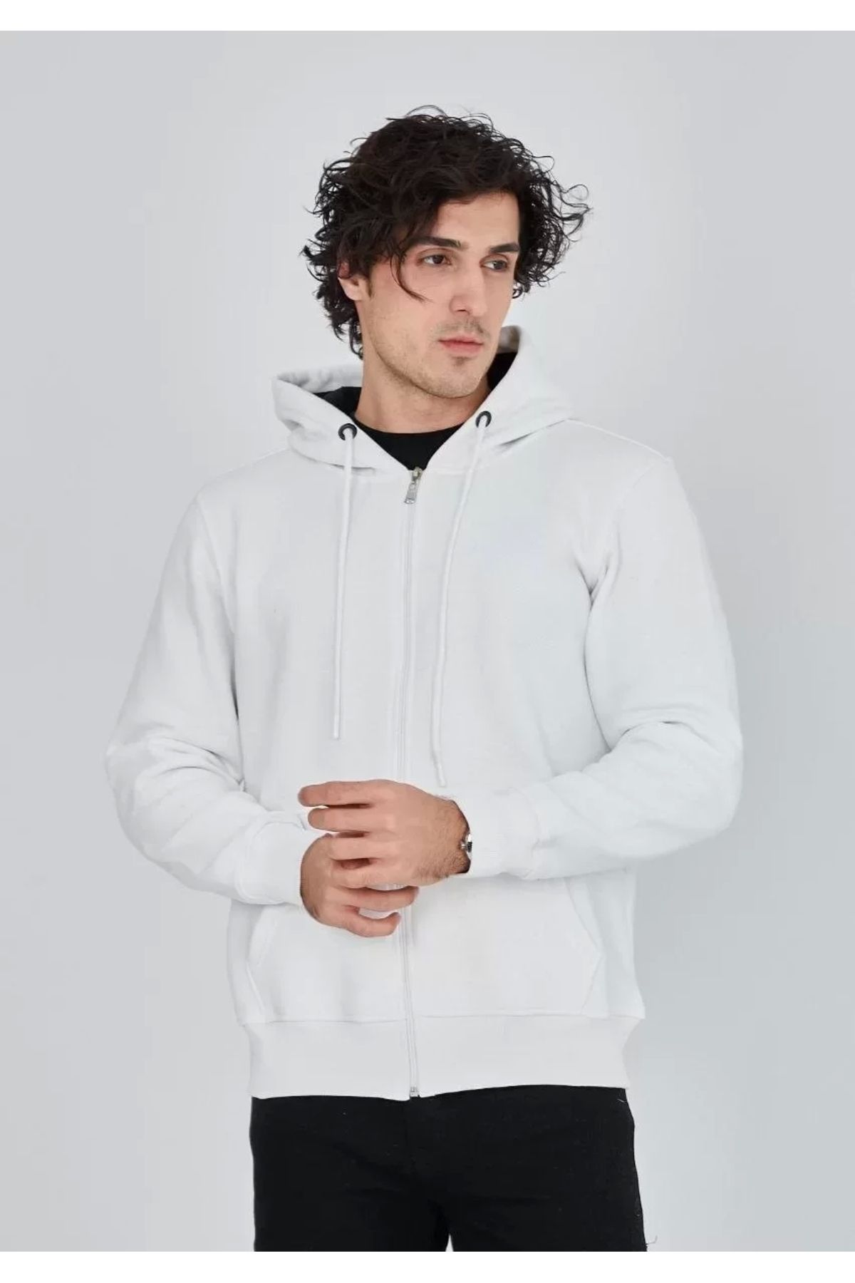 AE Stil Unisex Tam Fermuarlı Kapşonlu SweatShirt - Beyaz