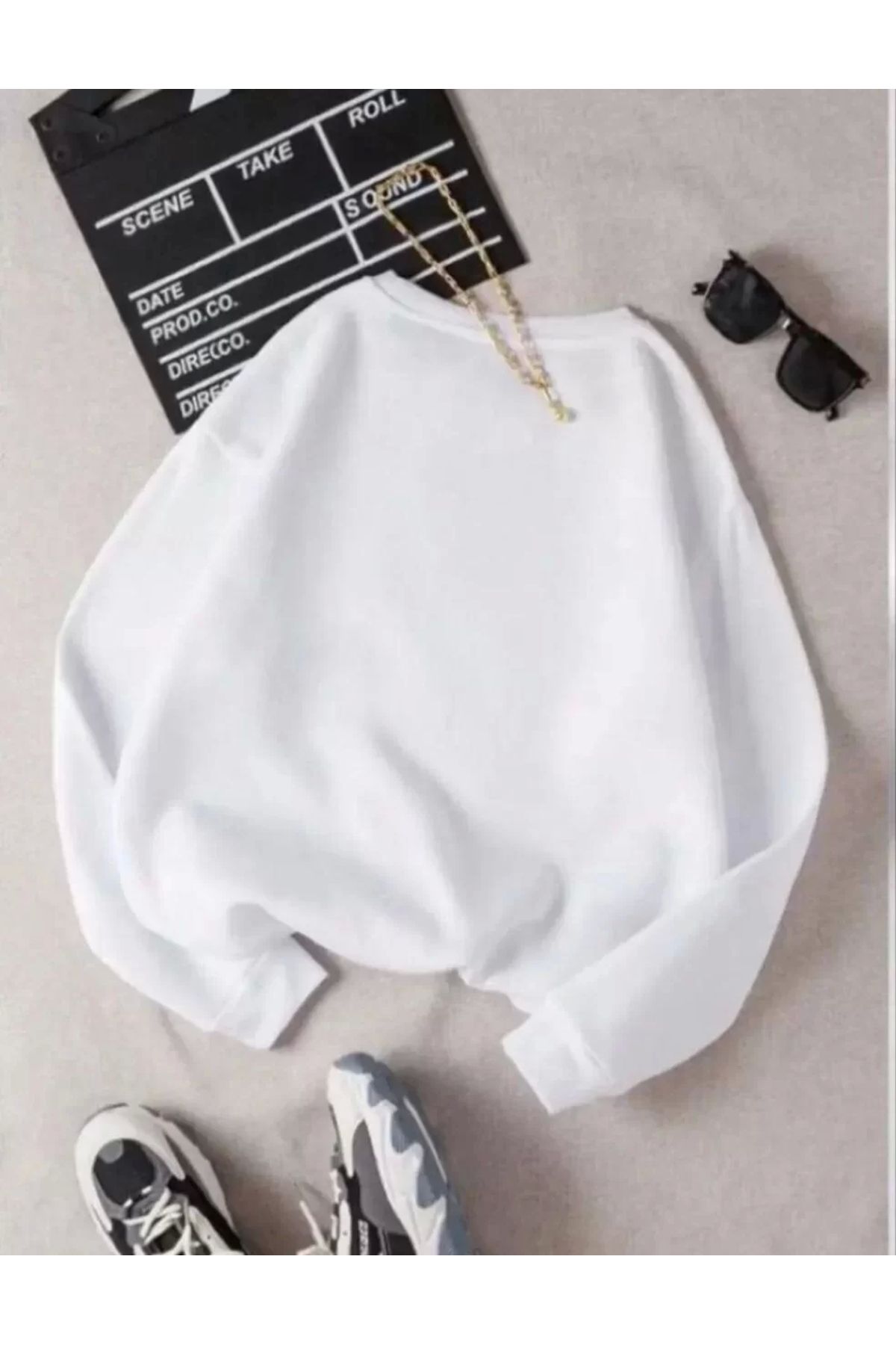 AE Stil Unisex Üç İplik Biskilet Yaka SweatShirt - Beyaz