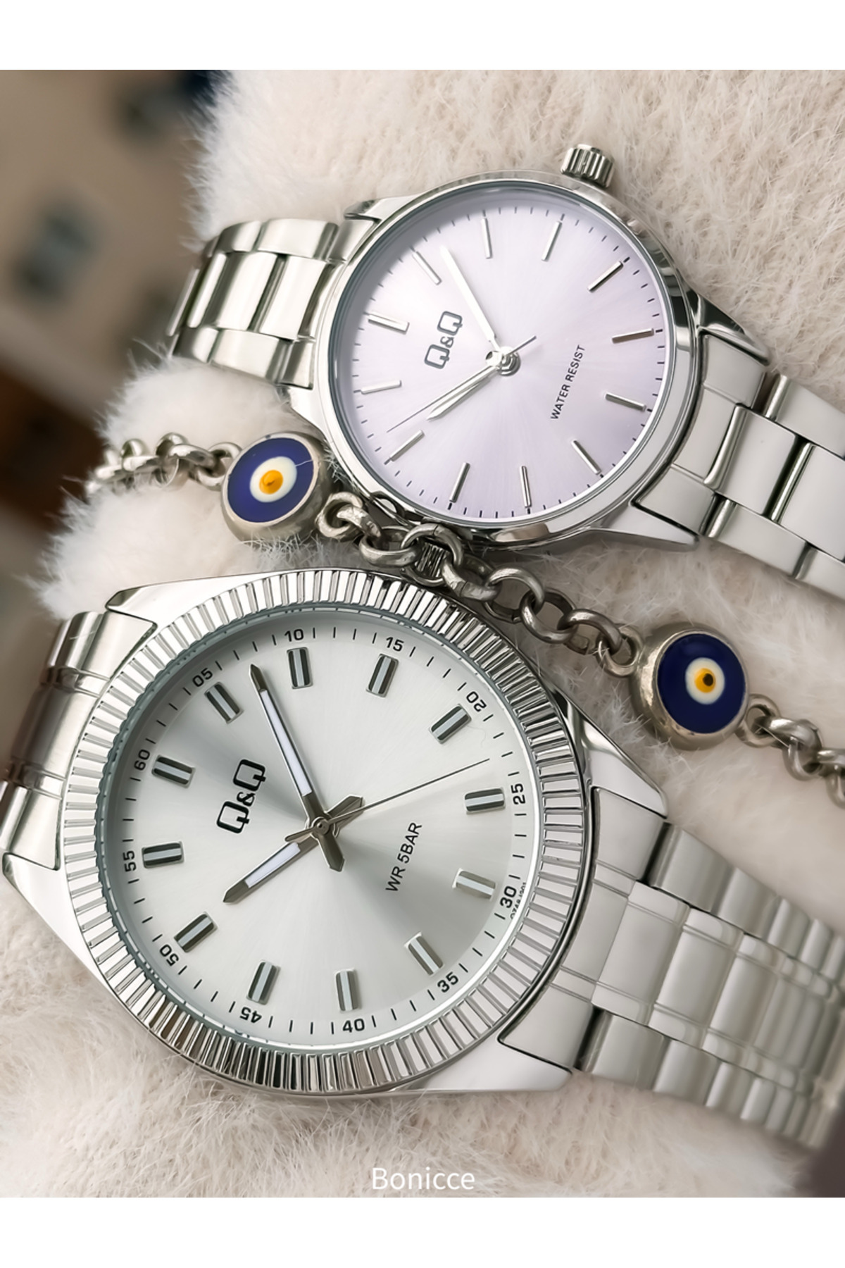 Brand Silver Color Steel Strap, White - Pink Dial, Lover's Watch + Bracelet Rosary