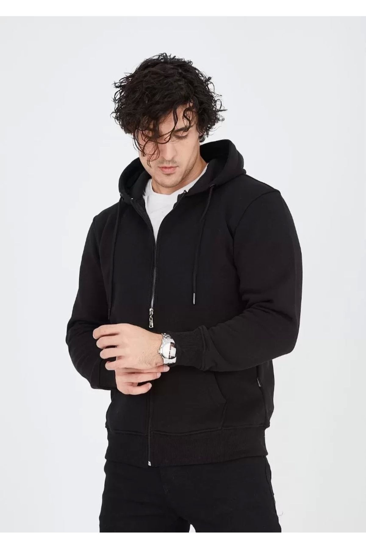 AE Stil Unisex Tam Fermuarlı Kapşonlu SweatShirt - Siyah