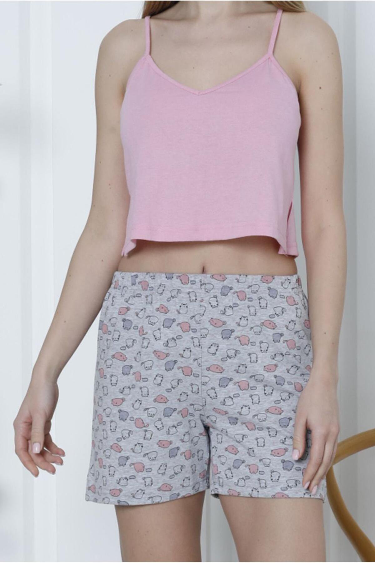 ست لباس خواب شلوارک زنانه با بند طناب لاکرا PINK نخی 2