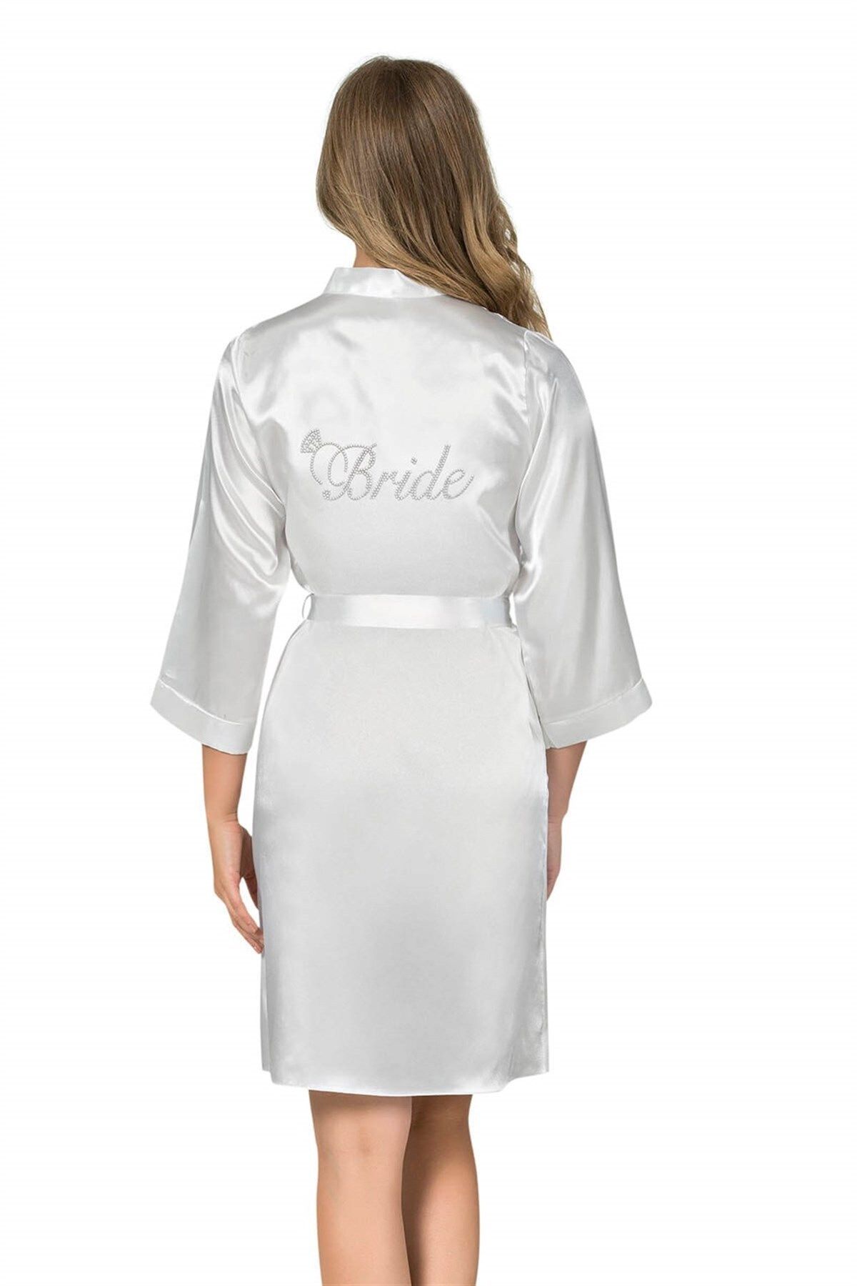 SHOP520 HC  Beyaz Kısa Saten Bride Sabahlık