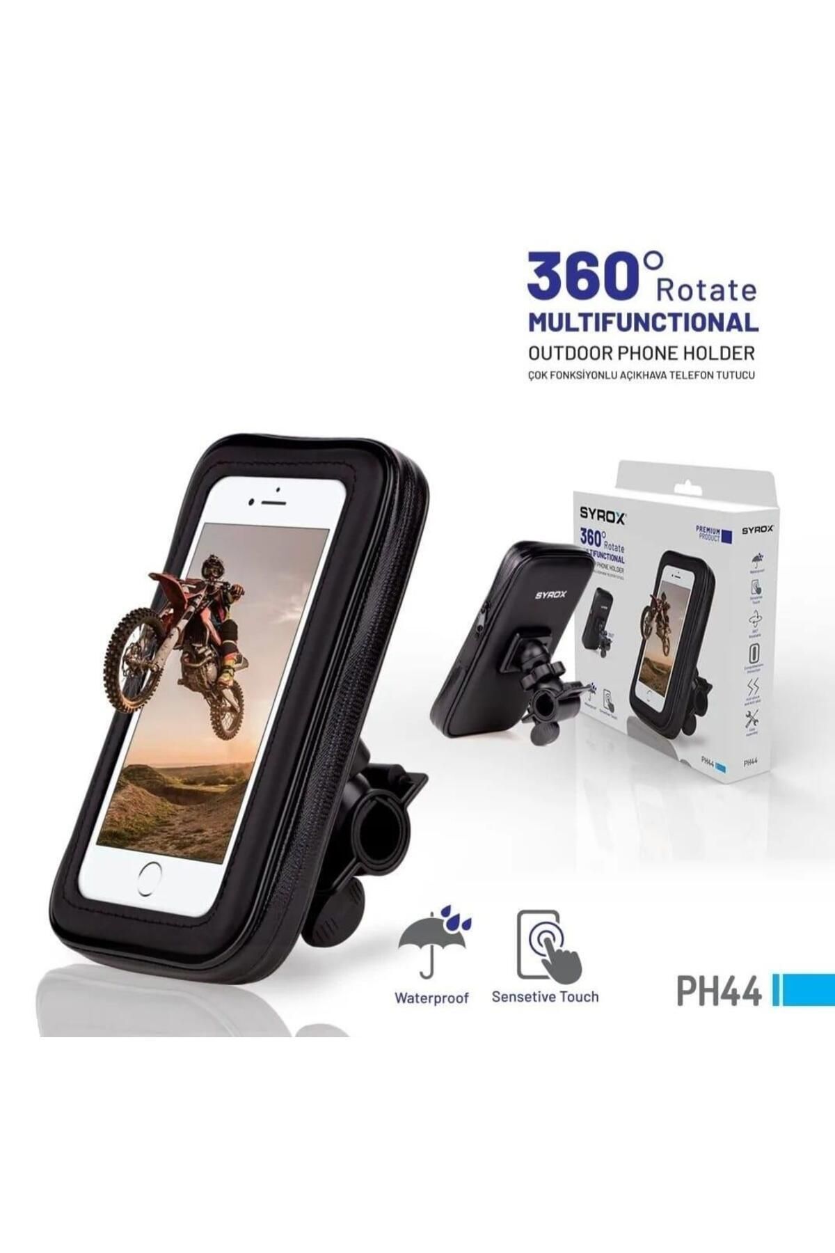 Syrox PH44 Motosiklet Bisiket Su Geçirmez Korumalı 360 Başlıklı Telefon Tutucu