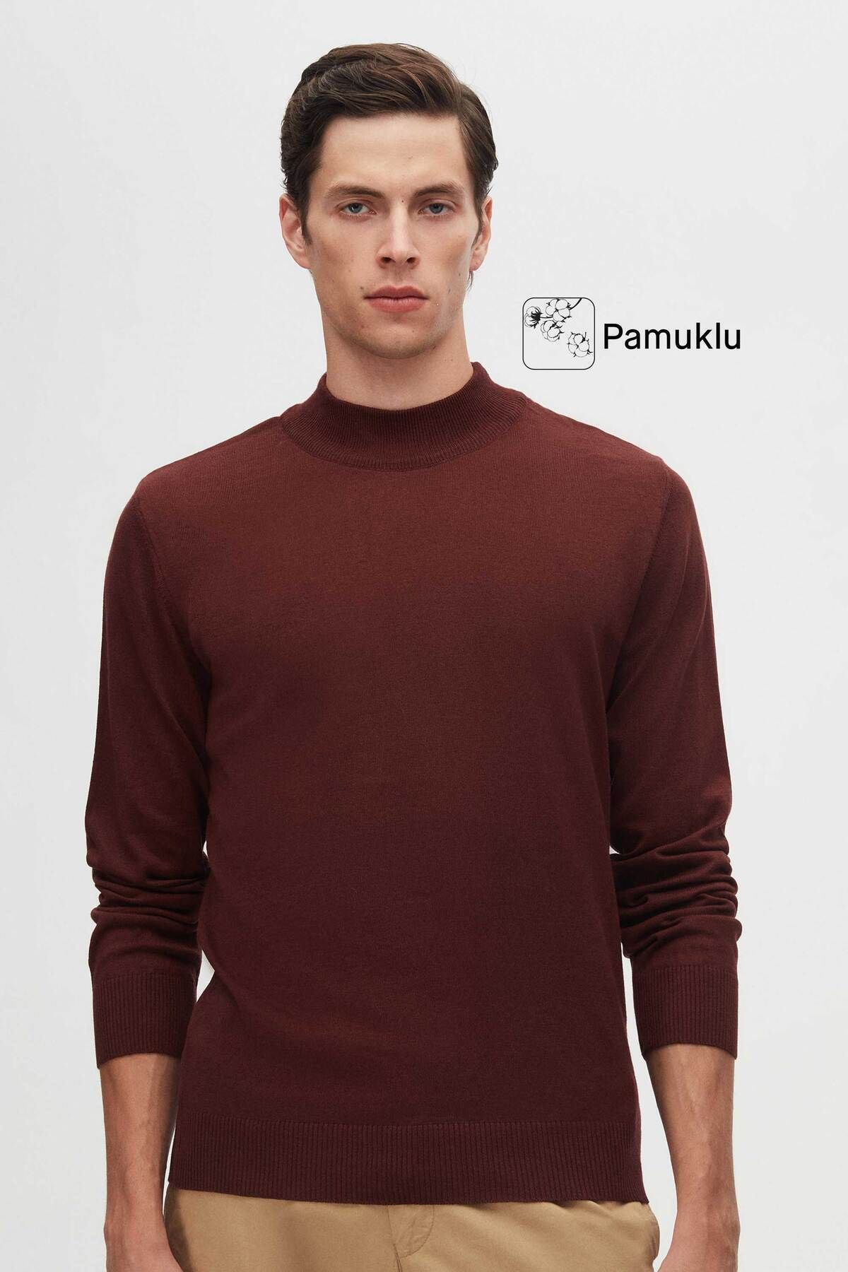 D'S Damat Regular Fit Bordo Pamuk Karışımlı Yarım Balıkçı Triko Kazak