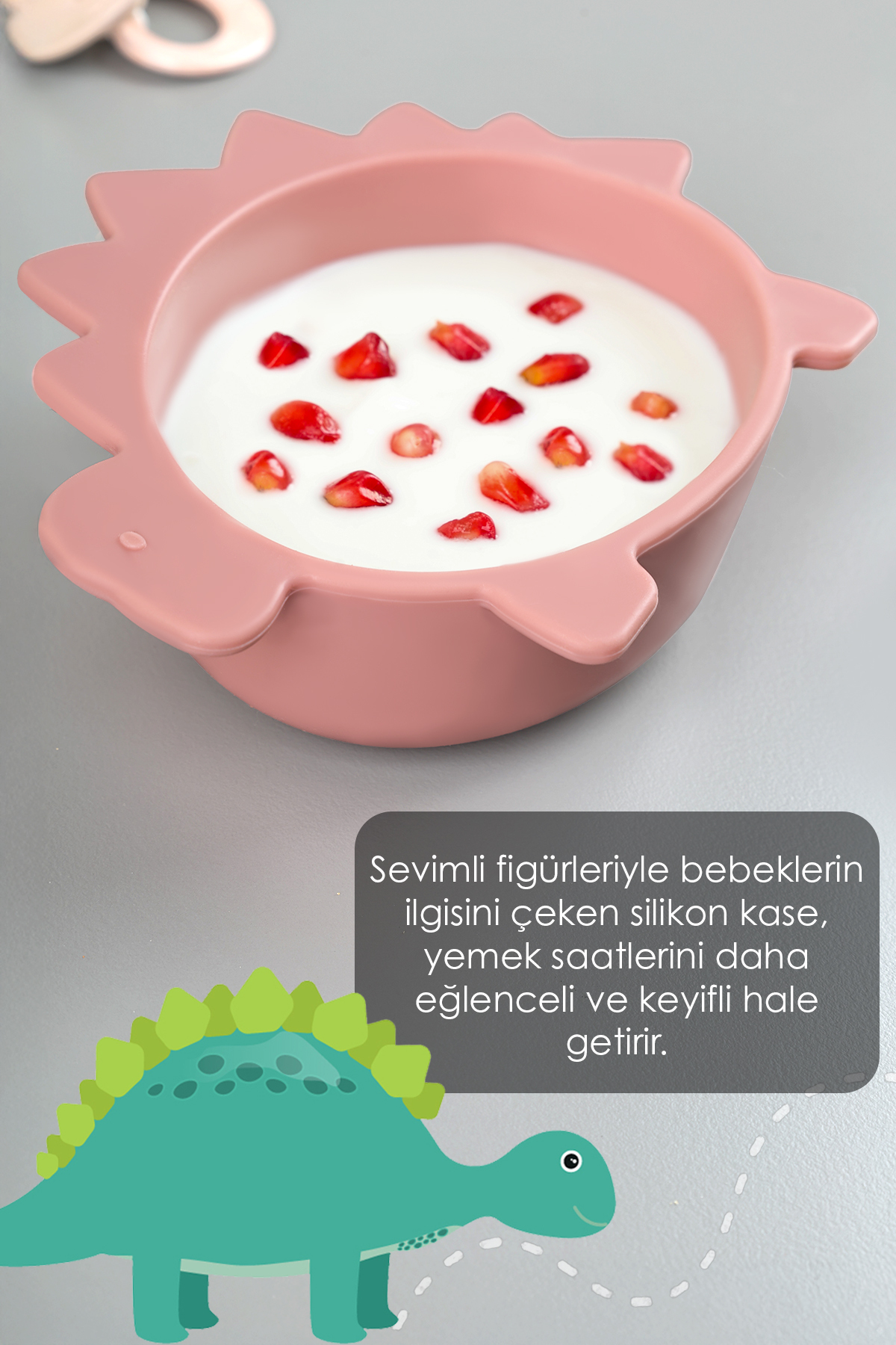 Meleni Baby Dinozor Figürlü Silikon Bebek Mama Kasesi - Şekilli Bebek Beslenme Kasesi - Pembe fotoğrafı 2 (önizleme)