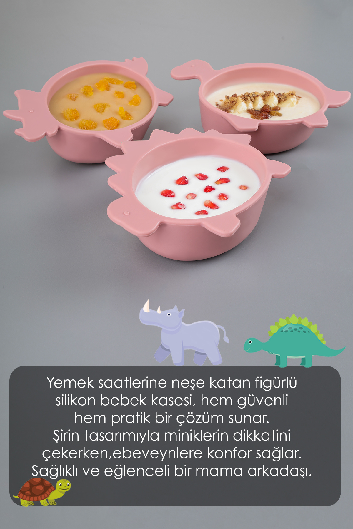 Meleni Baby Dinozor Figürlü Silikon Bebek Mama Kasesi - Şekilli Bebek Beslenme Kasesi - Pembe fotoğrafı 3 (önizleme)