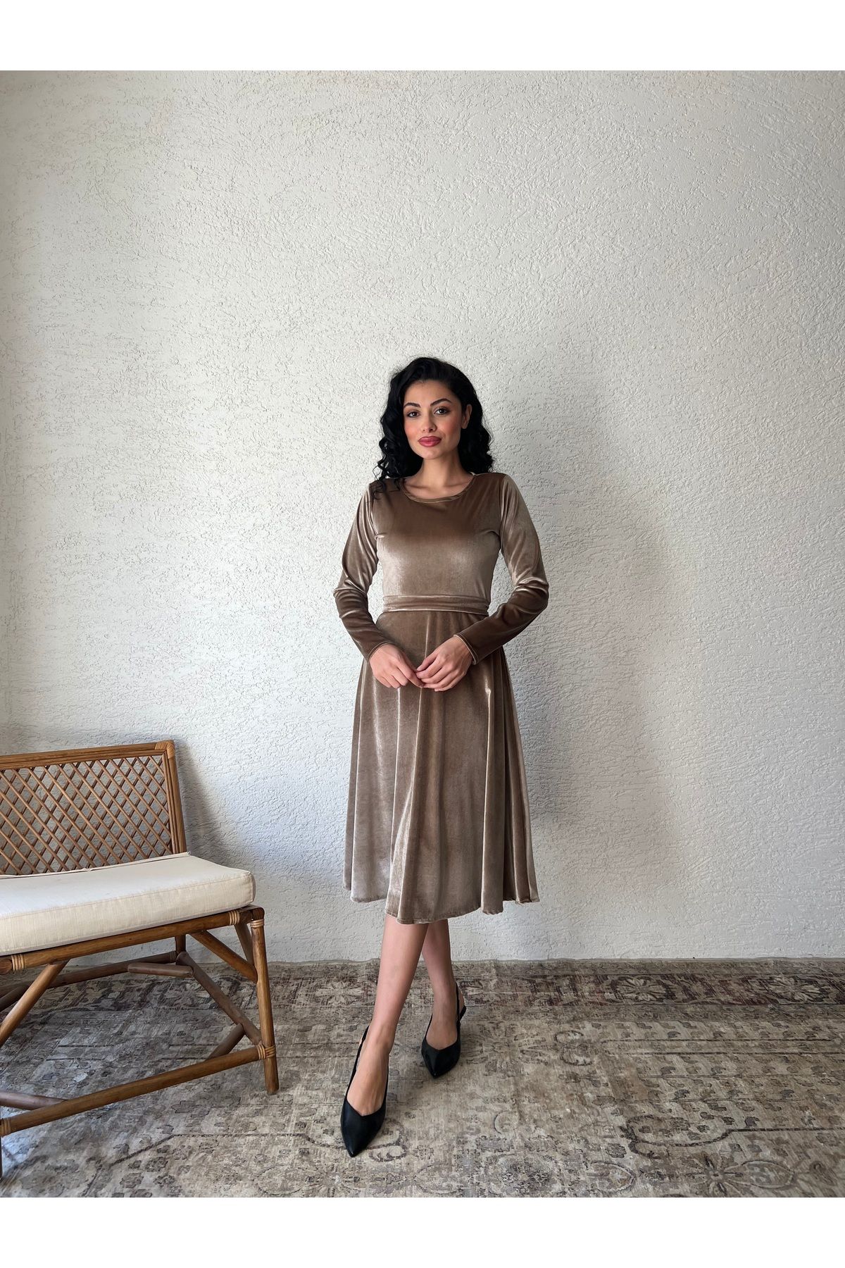 KÜÇÜĞÜM BUTİK-Beige Short Flared Velvet Dress 2