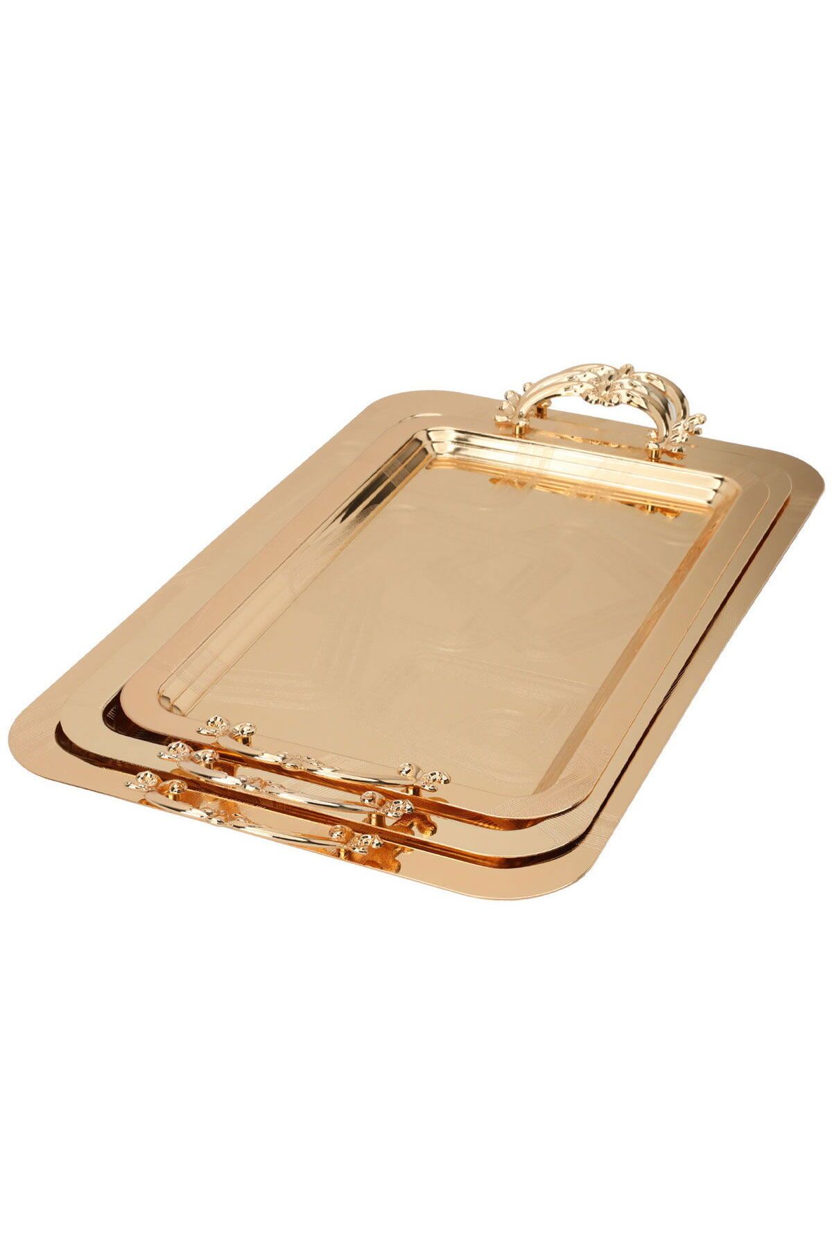 Alsaif Gallery-Al Saif Gallery Stainless Steel Tray Set with Handles, 3 Pieces, Rectangular, Square Patterns - Gold 2