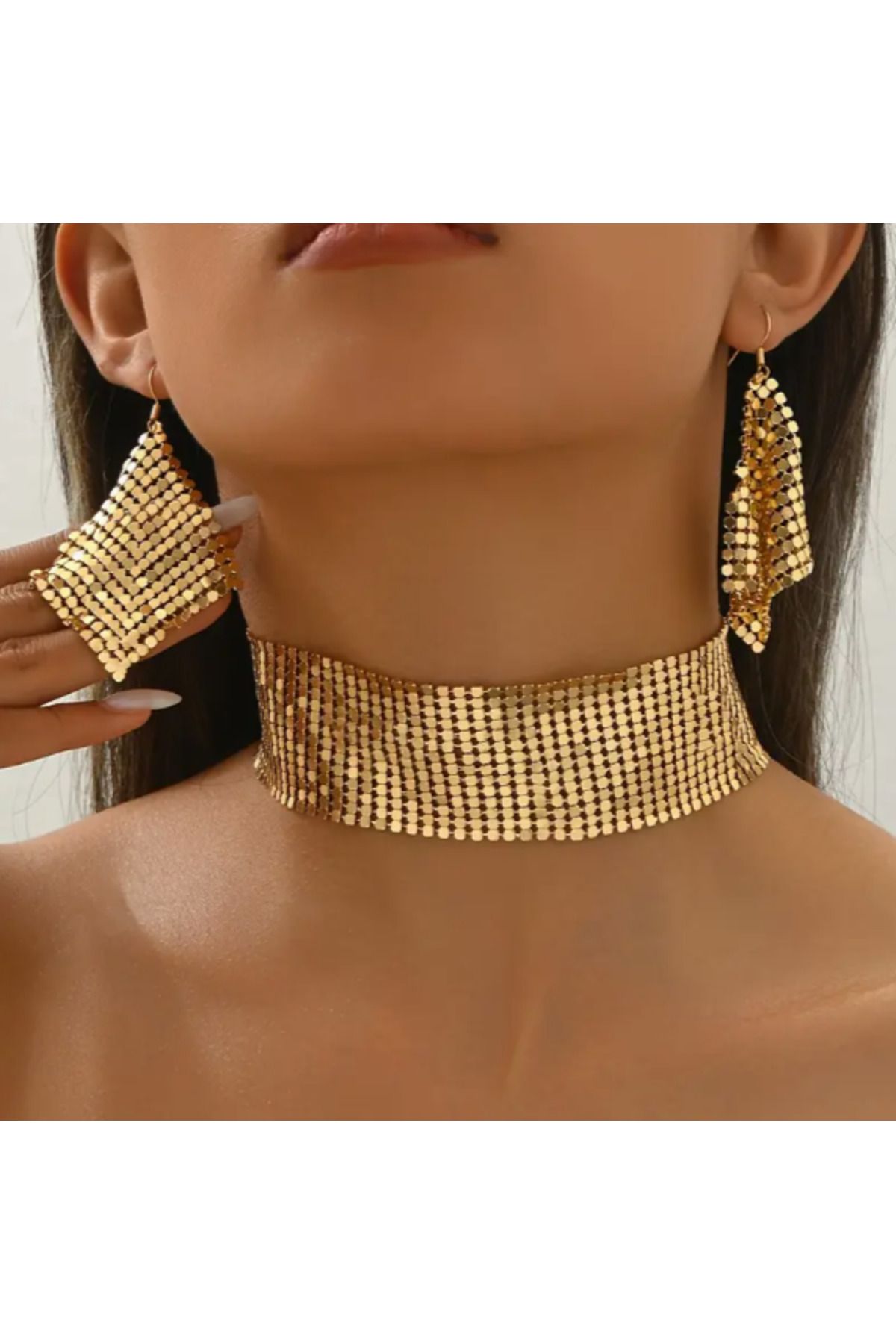 SE Jewellery Gold Payet Model Choker Kolye Küpe Set