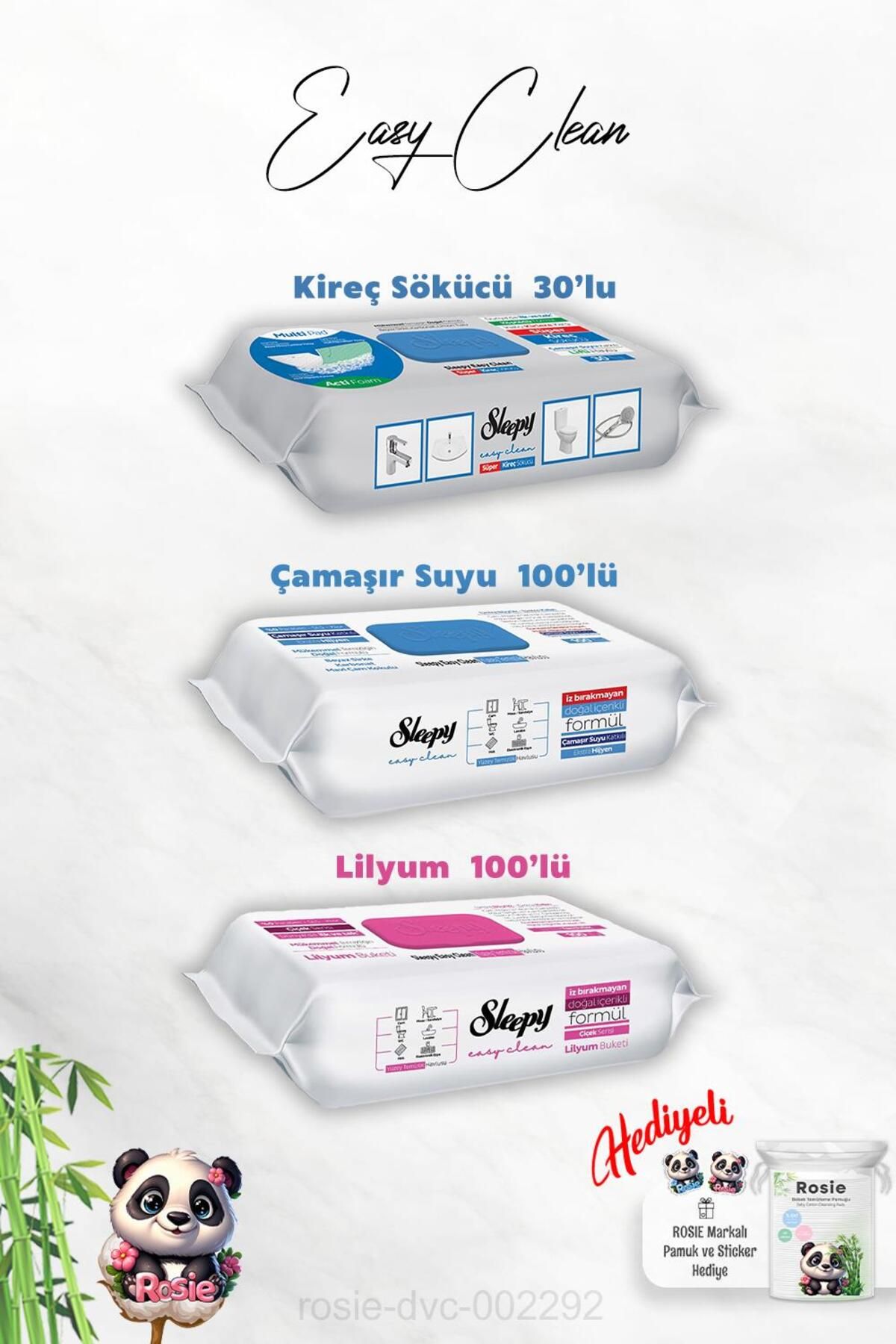 Sleepy 100'lü Easy Clean Lilyum ve Çamaşır Suyu Katkılı, Kireç Sökücü 30'lu Temizlik Havlusu ve Rosie Hediy