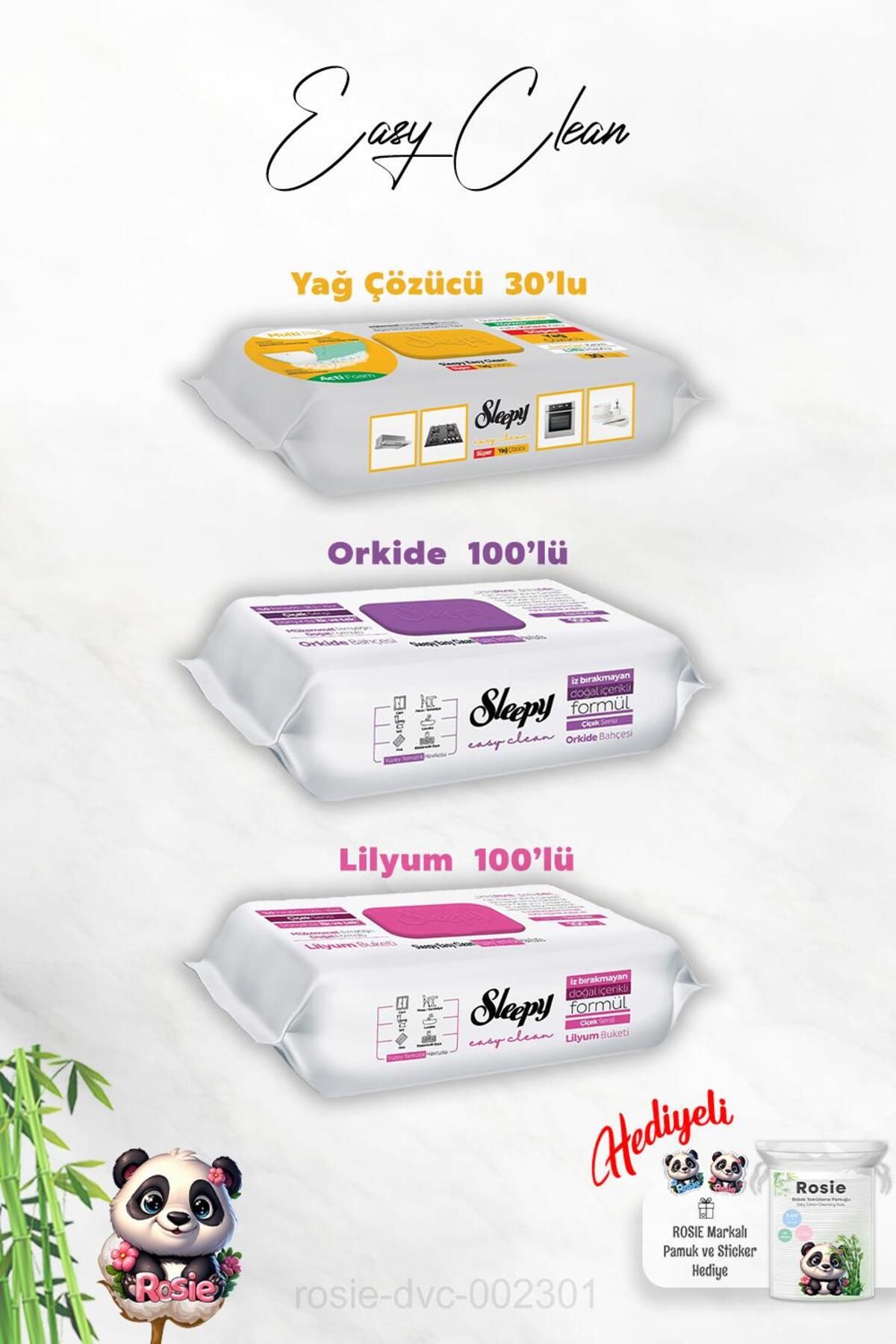 Sleepy Lilyum ve Orkide Katkılı 100'lü, Yağ Çözücü 30'lu Temizlik Havlusu ve Rosie Hediye