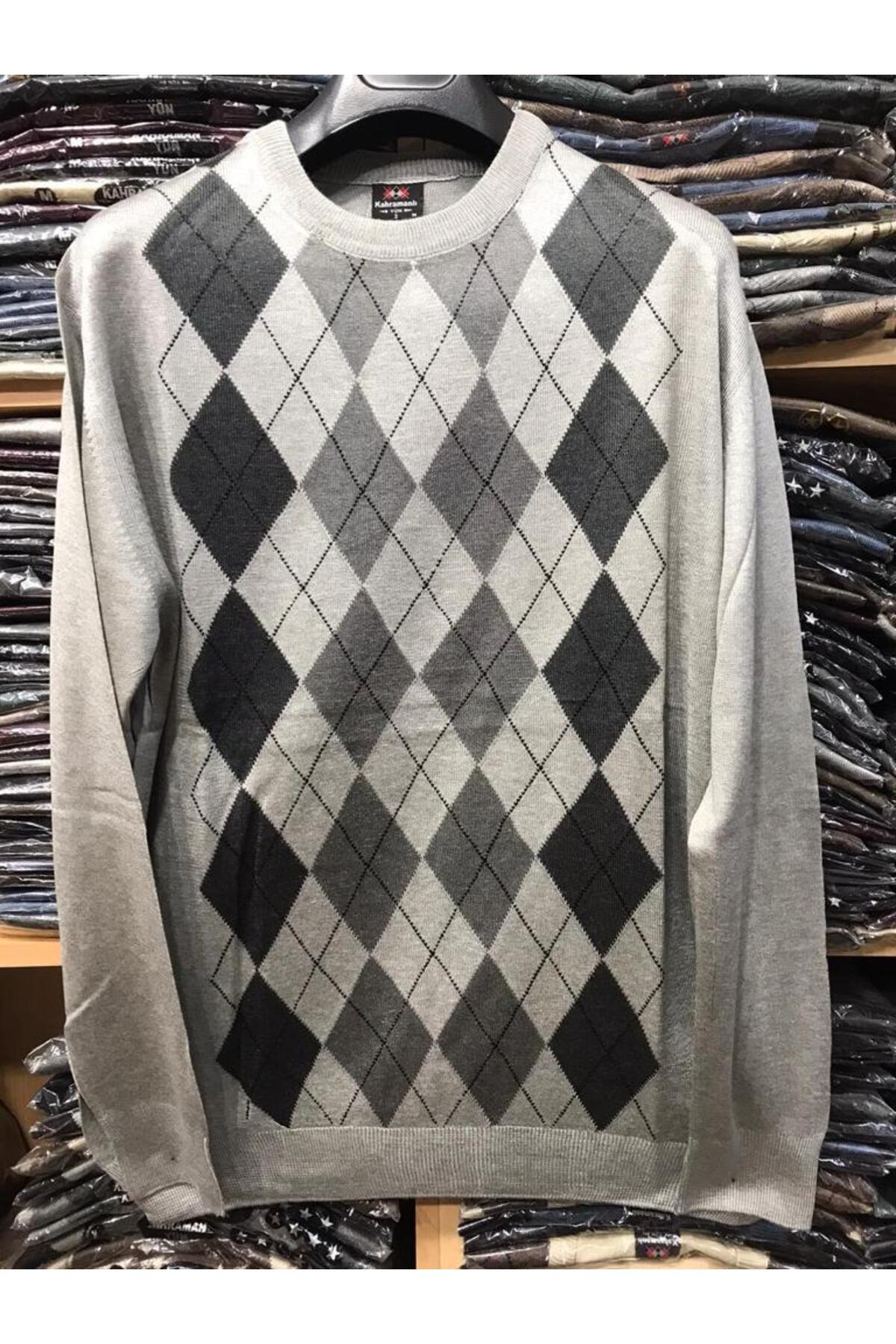 Men's Dad Patterned Light Gray Crew Neck Sweater