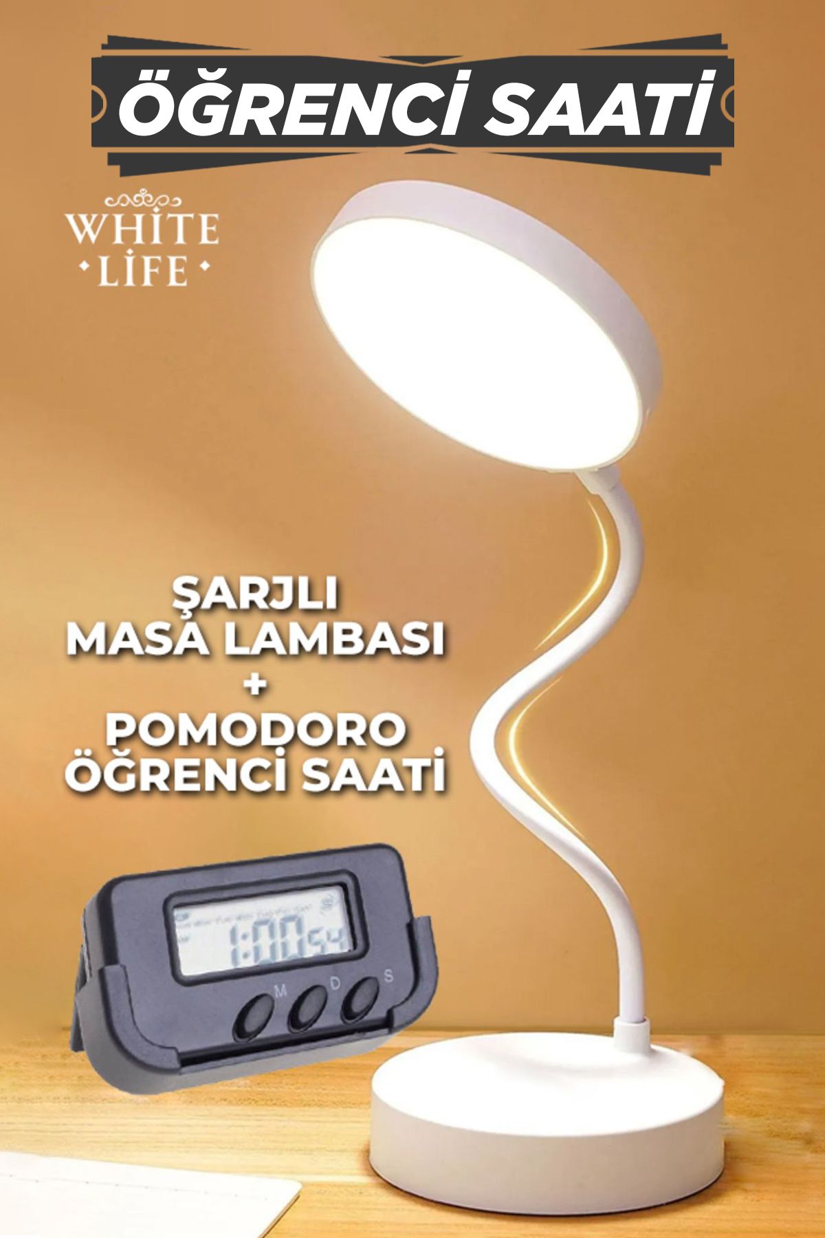 white life ŞARJLI MASA LAMBASI + POMODORO ÖĞRENCİ SAATİ KRONOMETRELİ ÖĞRENCİ SAATİ