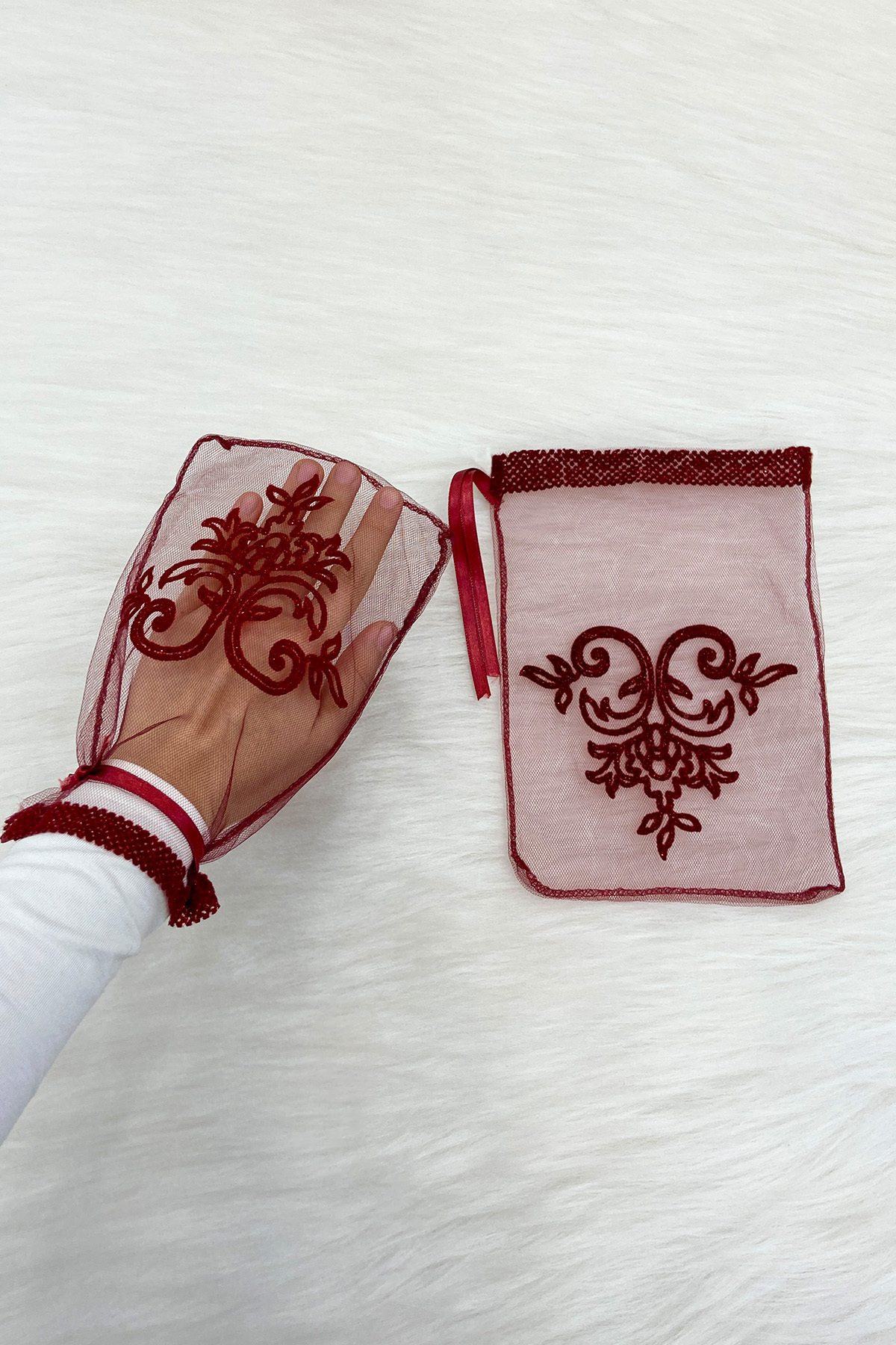 ZEYMERADE Bordo Flok Baskılı Gelin Eldiveni, Düğün Kına Gecesi Söz Nişan Bekarlığa Veda Nikah Bride